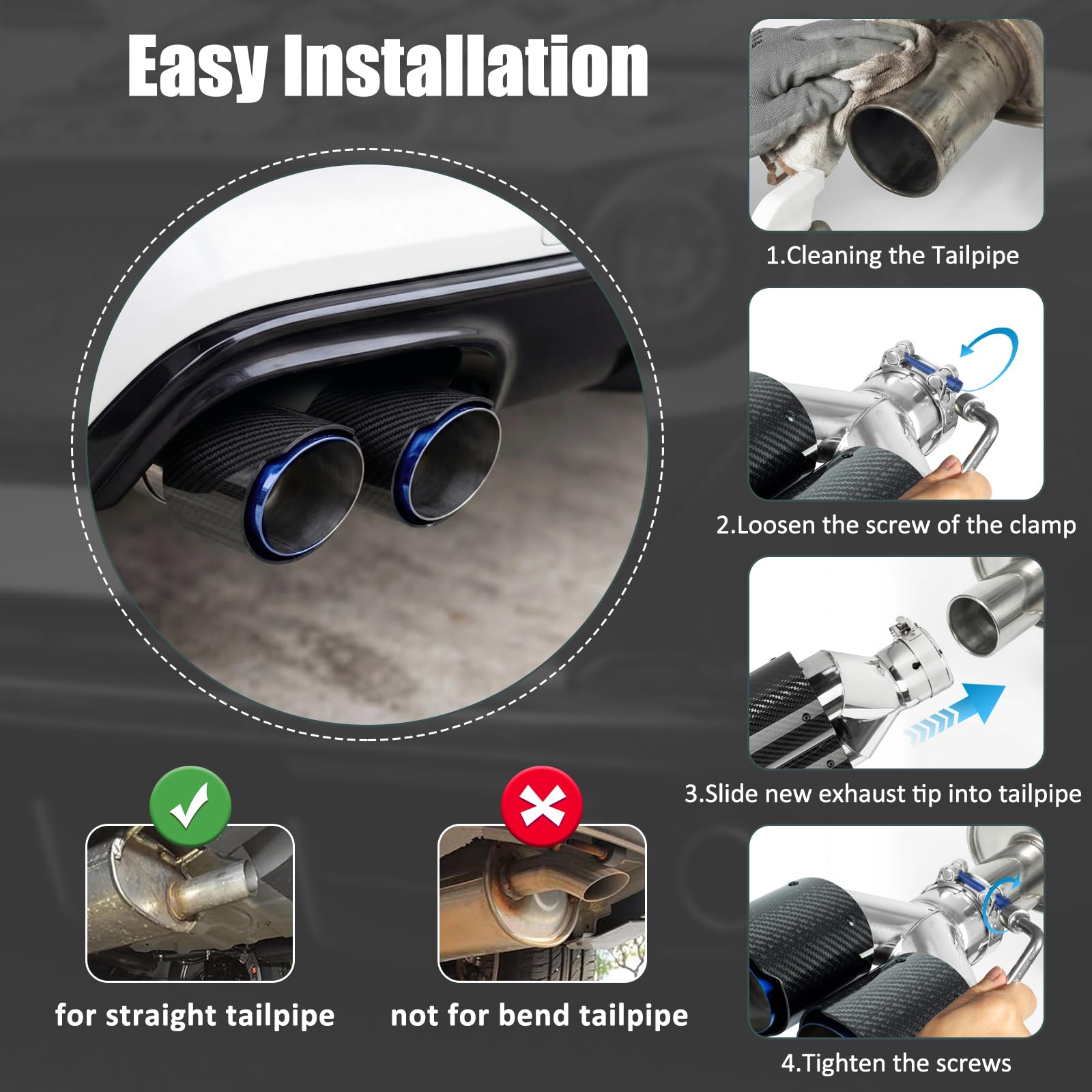 Catekro 63mm Terminale Scarico Auto Universale, Uscita Scarico in Acciaio Inox 304 & Fibra di Carbonio Tubo Terminale Marmitta Sportivo Fissare con Bulloni Chiave Inclusa (Doppia Uscita, Blu-nero)