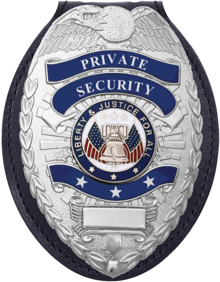 Ryno Gear's Private Security Officer Universal Oval Badge + Holder: Standard Leather Shield Case with, Hook Fastener, 2-5/8" x 3-5 (Oval Badge, Nickel Badge - Leather Holder)