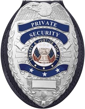 Ryno Gears Private Security Officer Universal Oval Badge + Holder Standard Leather Shield Case with, Hook Fastener, 2-5/8" x 3-5 Oval Badge, Nickel Badge - Leather Holder