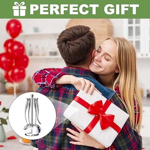 Miniatura 7 de Juego de utensilios de cocina de acero inoxidable de 7 piezas con soporte giratorio, herramientas de cocina que incluyen espátula, cucharón,