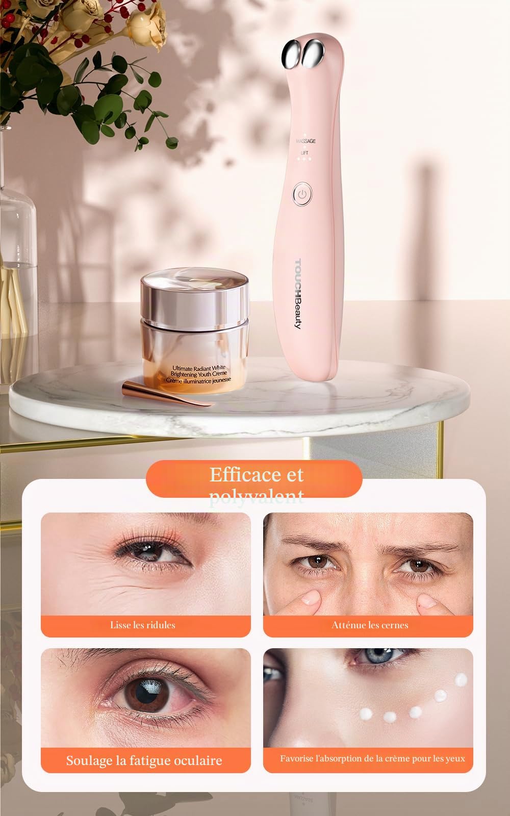 TOUCHBeauty Appareil Massage des Yeux Anti-âge, Masseur Oculaire Anti Rides avec EMS Micro Courant 42℃ Dispositif de Soins Oculaires Chauffant pour les Rides, les Poches et les Cernes AG-1883P(Rose)