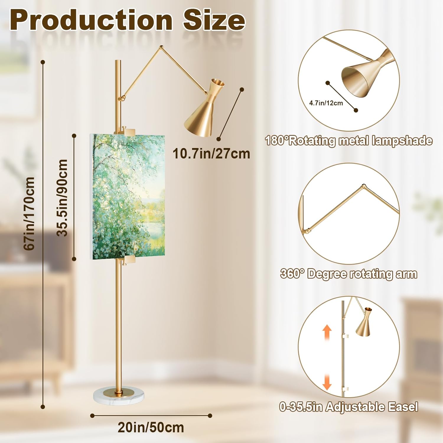 Gold Floor Lamp with Easel, Adjustable 360° Swing-Arm Standing Lamps, 67in Tall Metal Lamp with Marble Base for Living Room, Painting Rooms, Bedroom, Offices, Courtyards