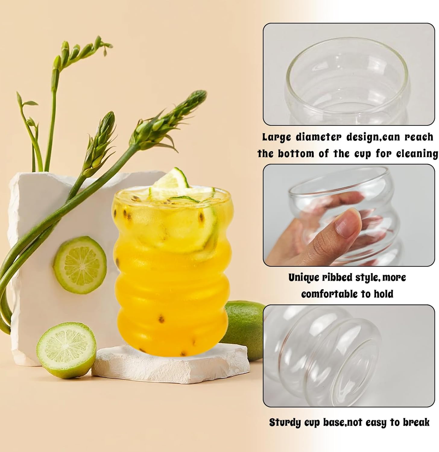 Ribbed Glass Cup 10 Oz Vintage Drinking Glassware Creative Small Ripple Glasses for Iced Coffee Juice Beverage Milk Cocktail Cute Wavy Glass Cups - Image 3