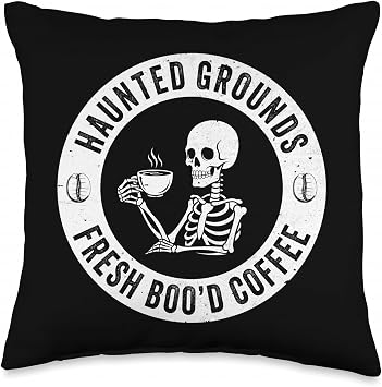 Haunted Grounds Fresh BOOD Coffee Shop Halloween Skeleton Throw Pillow