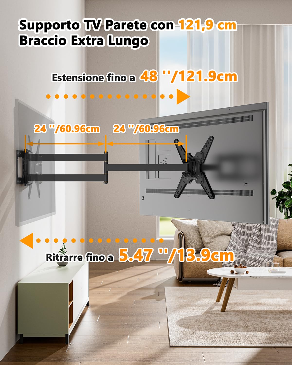 Staffa da parete TV a Lunga Portata con Rotazione di 90° con Bracci Articolati da 1219mm, Staffa per Montaggio a Parete Full Motion per TV e Monitor da 26-65 Pollici, Carico 45kg, VESA 400x400mm