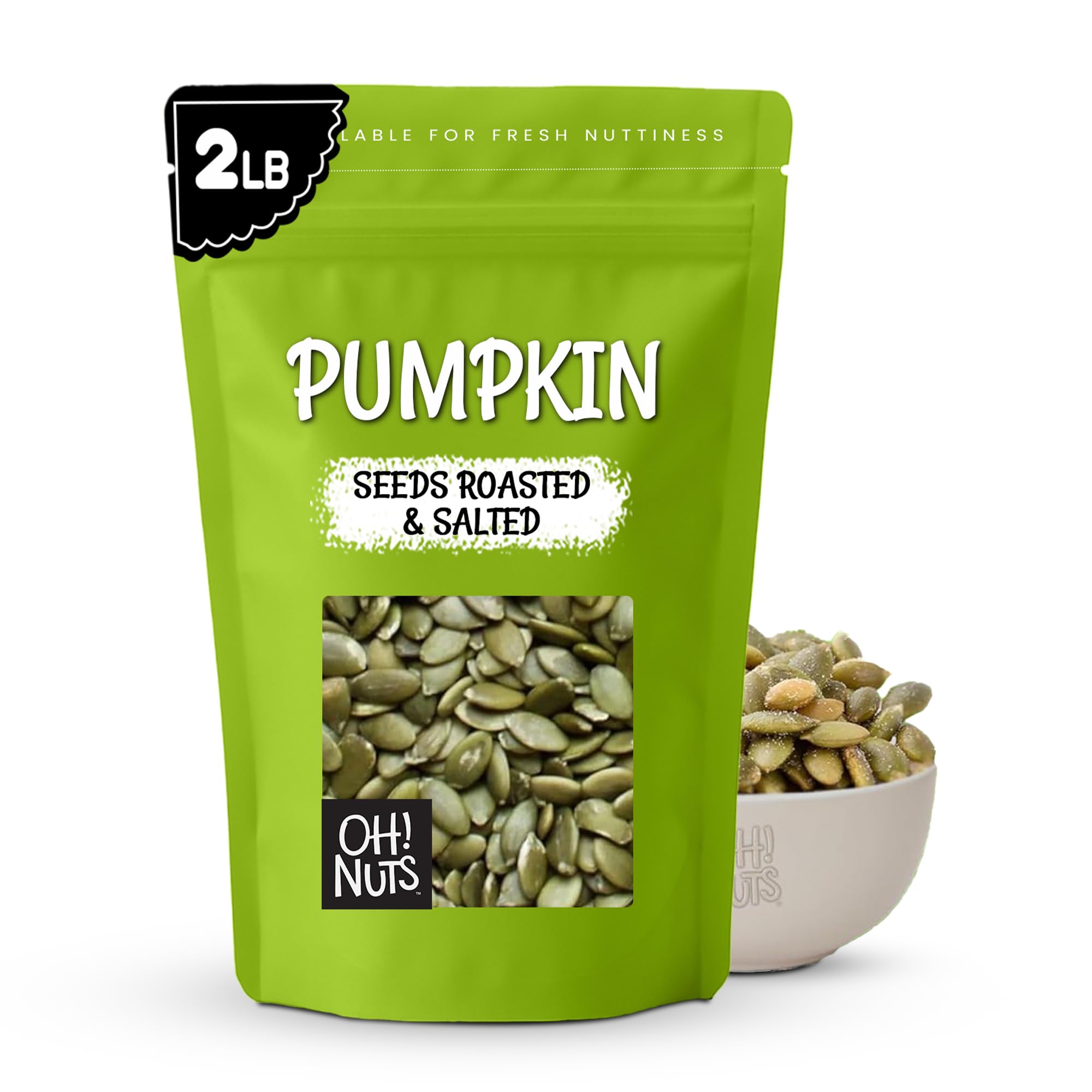 Oh! Nuts Pumpkin Seeds - Roasted Salted - 2 lb - No Shell Pepitas - Packed in New York Zip-Seal Bag for Exceptional Freshness