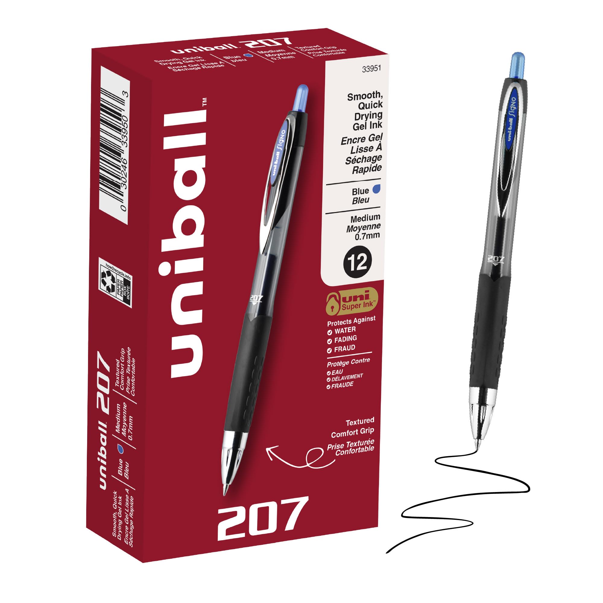 uniball™ 207 Gel Pens, Blue Ink, 0.7mm Medium Point, Retractable, 12 Count | Smooth Writing, Fraud-Resistant, uni Super Ink™