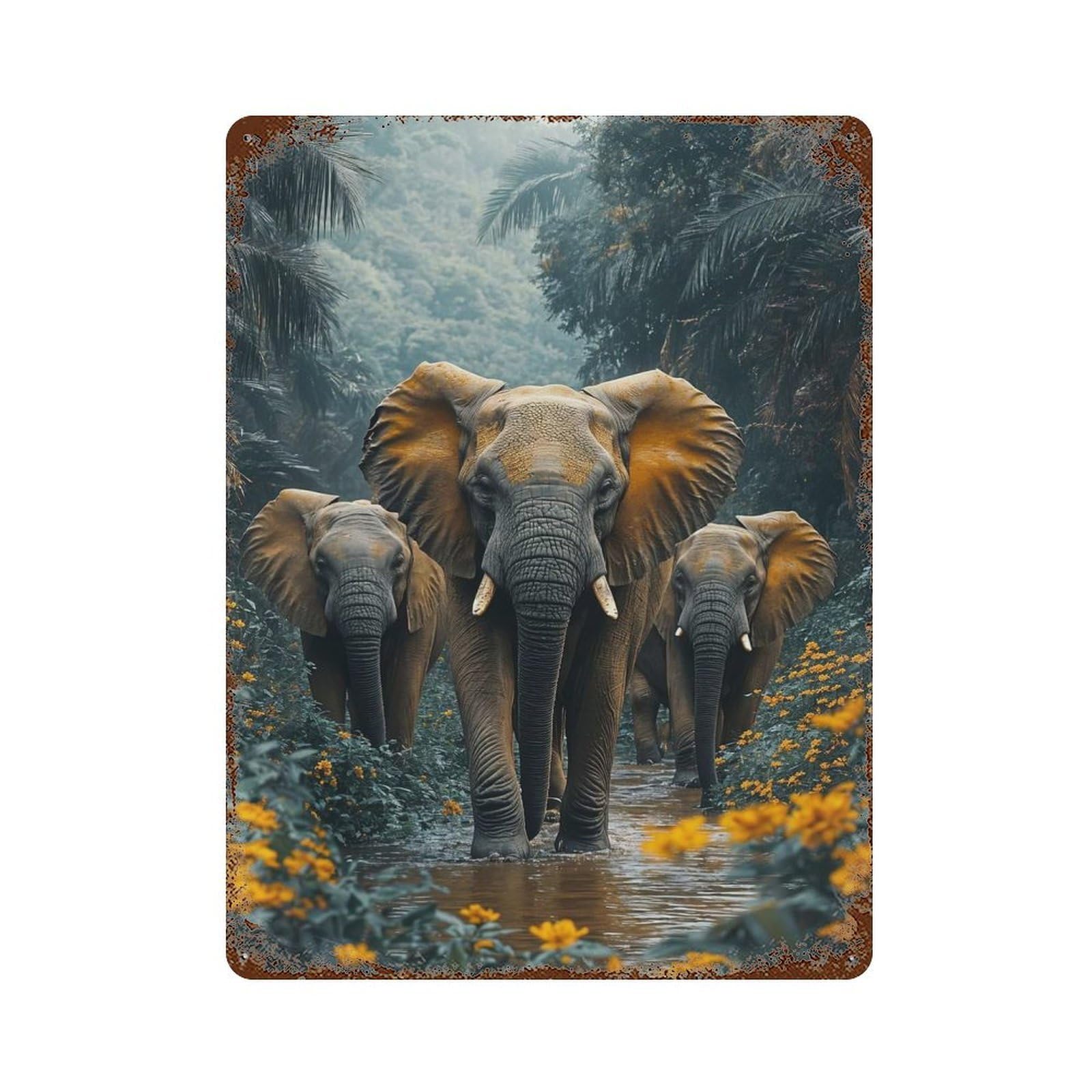 Rust Effect Elephants Walking through Jungle Stream Aged Metal Wall Plaque 15.7"x11.8", Classic Wall Plaque for Basement, Hobby Room And Garage Decor
