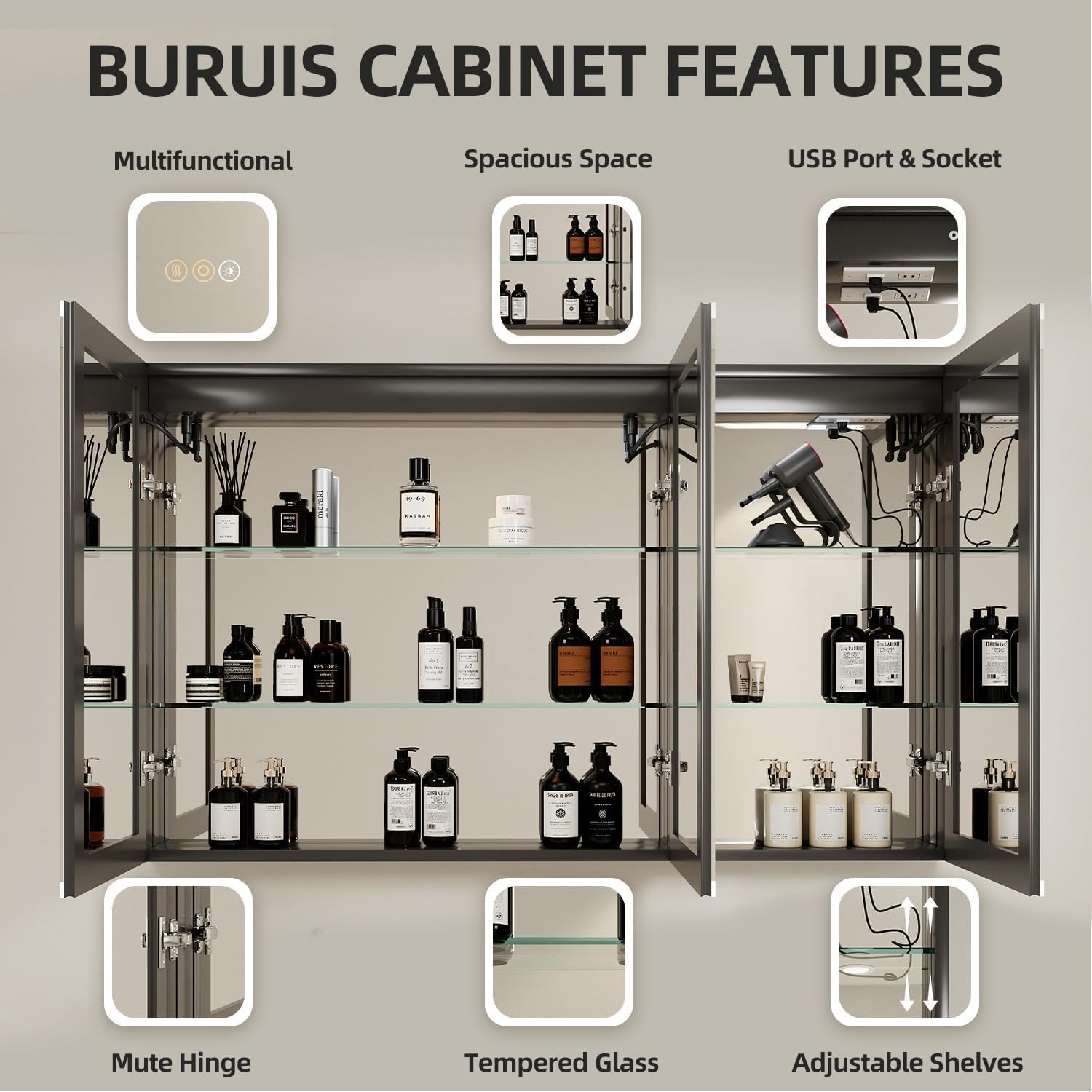 Buruis 60 x 32 Inch Medicine Cabinet with LED Lights and Mirror, Recessed/Wall Mounted Bathroom Cabinet, 3-Color Light, Defogger, Memory Function, Outlet & USB, Dimmer, Black 60'' x 32'' Triple Door
