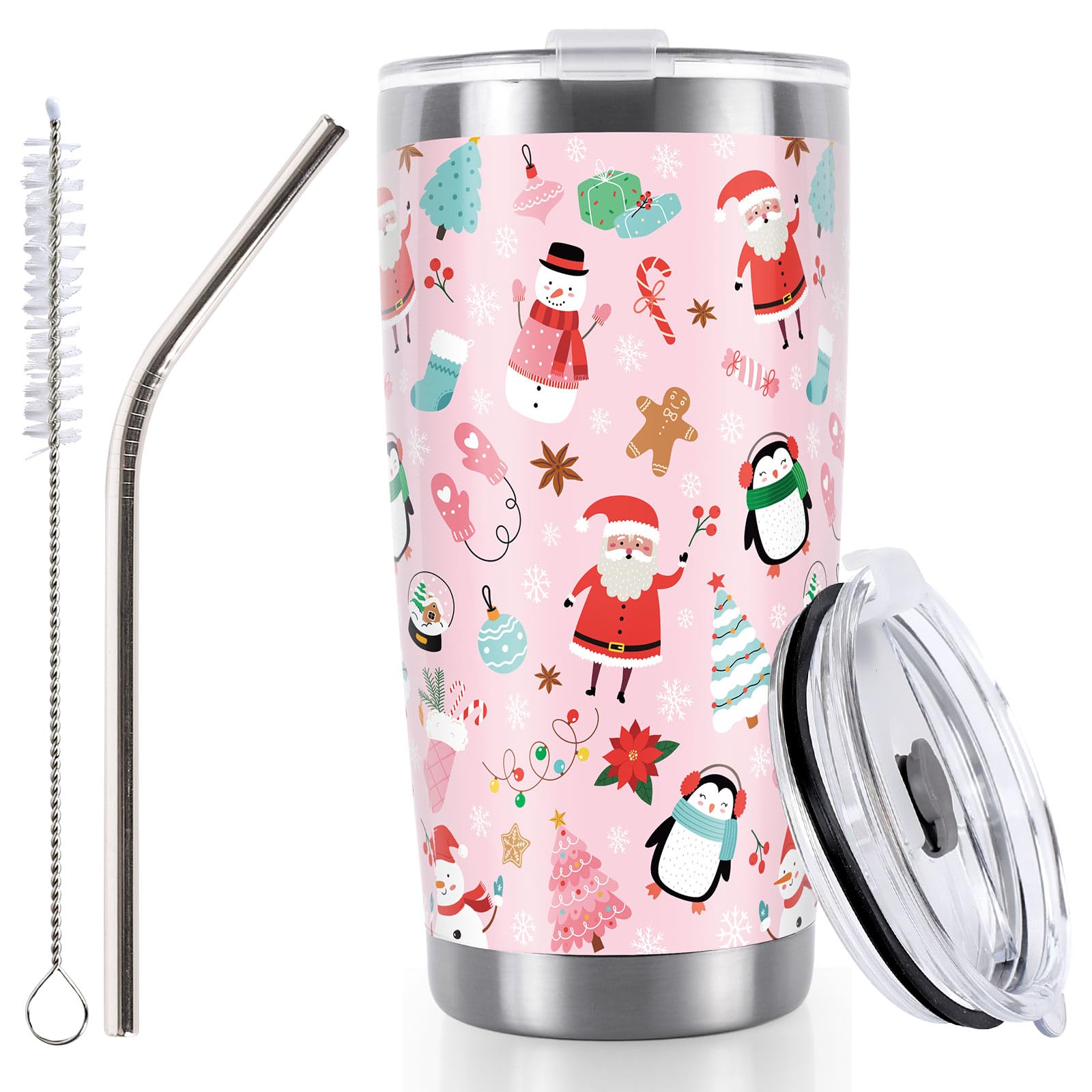 Gobelet de Noël rose en acier inoxydable Whaline avec couvercle et paille