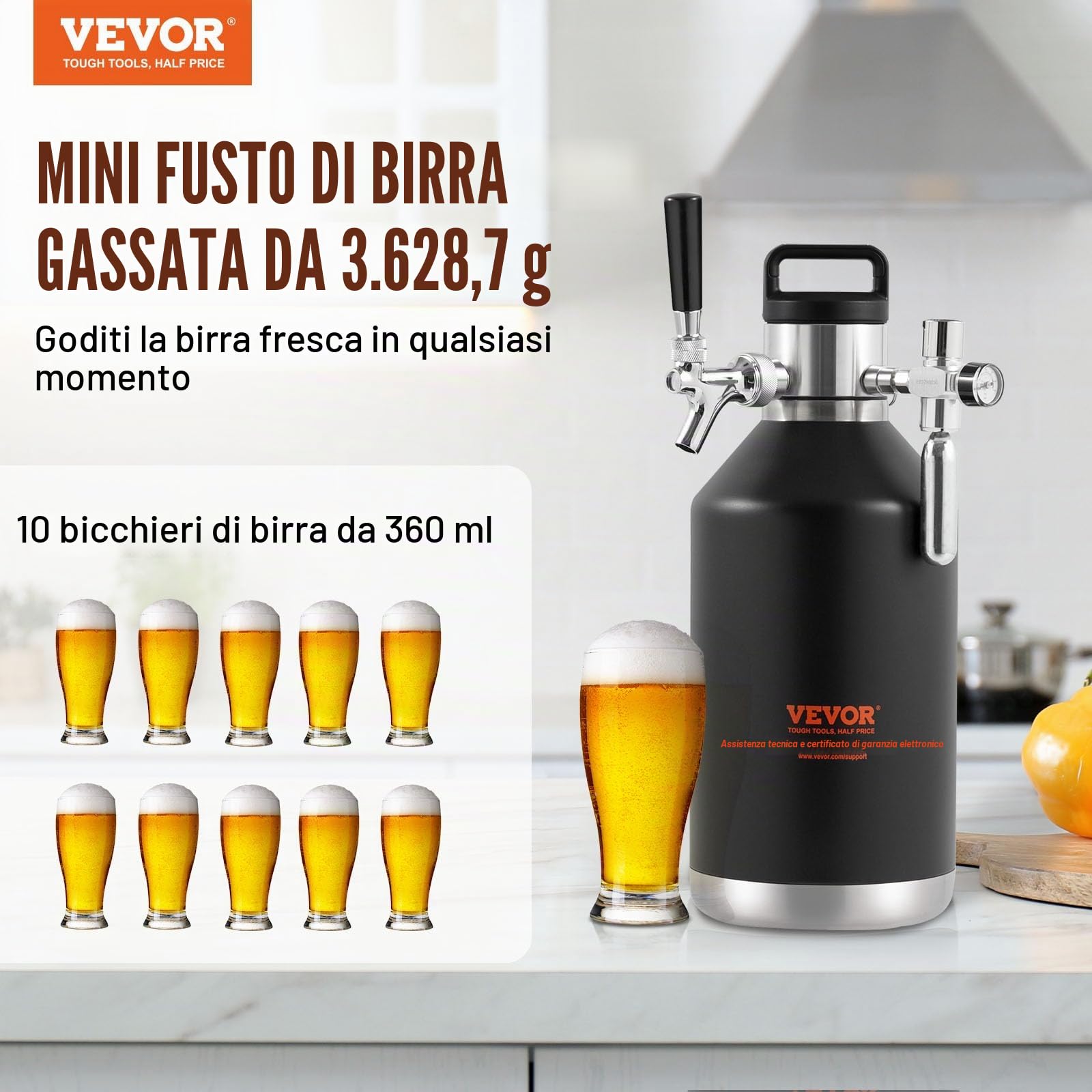 VEVOR Mini Spillatore di Birra Portatile Capacità 4L, Mini Fusto Nero per Birra Artigianale Portatile Pressione Regolabile 0~30PSI Funzione Refrigerazione & Isolamento da Campeggio Evento Carnevale