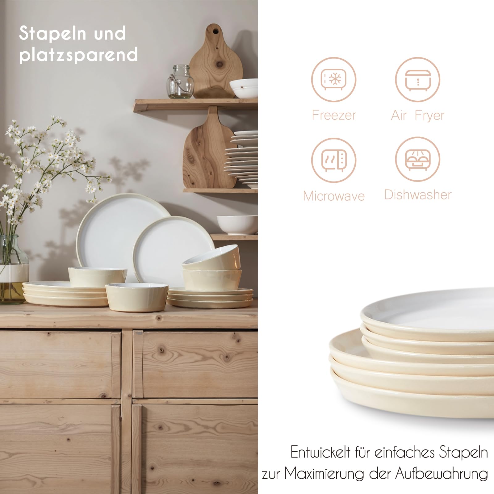 Geschirrset 4 Personen, 12 tlg Steingut Kombiservice Modernes Geschirr Set, Schüssel- und Teller Set aus je 4x Speiseteller 4x Dessertteller 4x Müslischalen, Rustikales Farmhouse-Design, Hellbeige