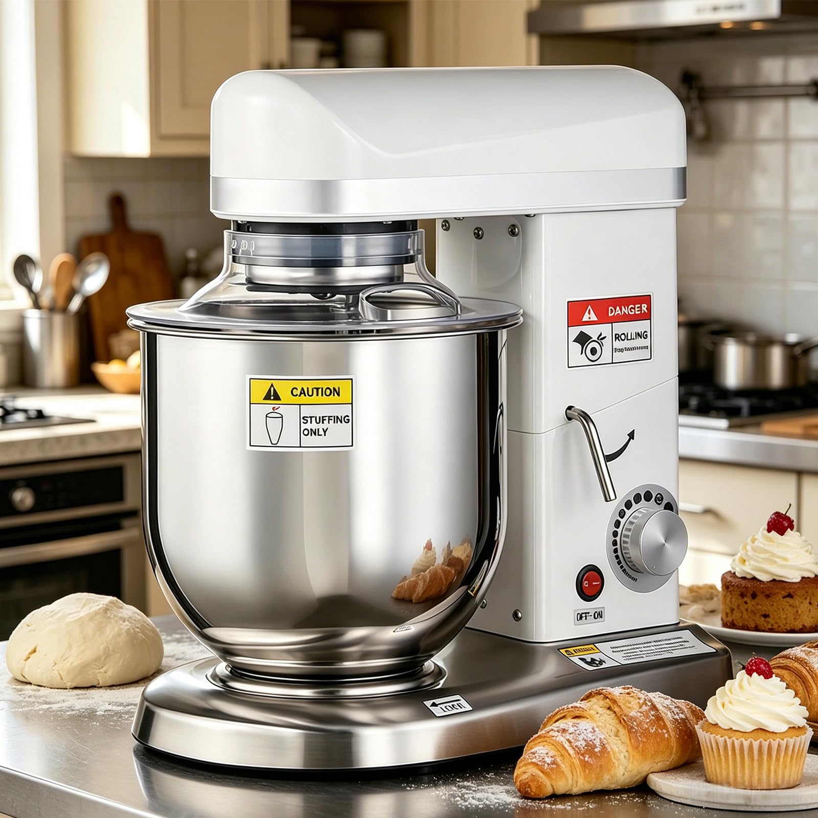 BANGBANGJI Robot De Cocina Comercial de Alimentos 500W, Amasadora Eléctrica 3-en-1, 3 Velocidades Ajustables, con Bol de Acero Inoxidable, Gancho Amasador, Batidor & Varilla para Pan Pastel 5L
