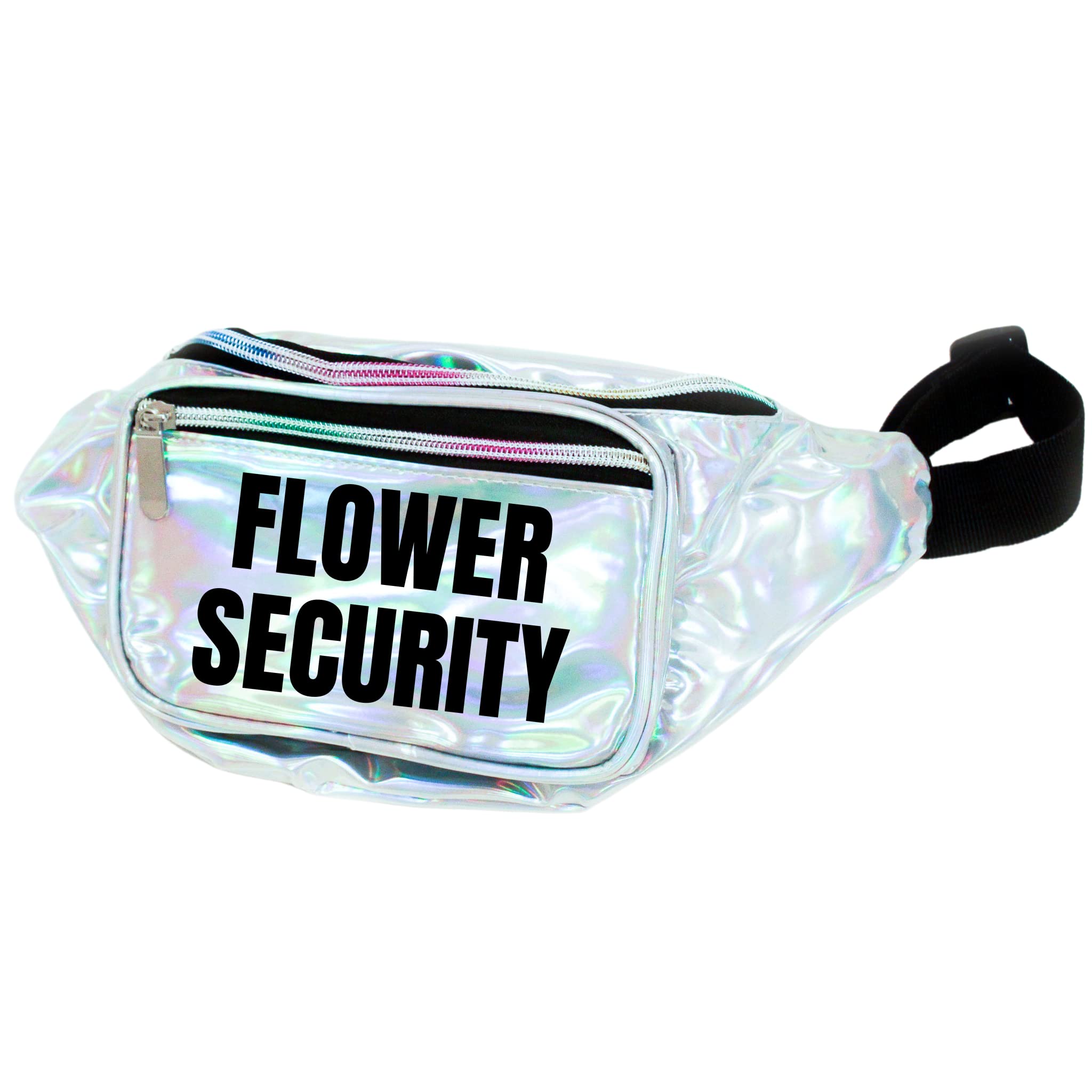 Flower Security Holographic Metallic Fanny Pack (Silver w/Black Text)