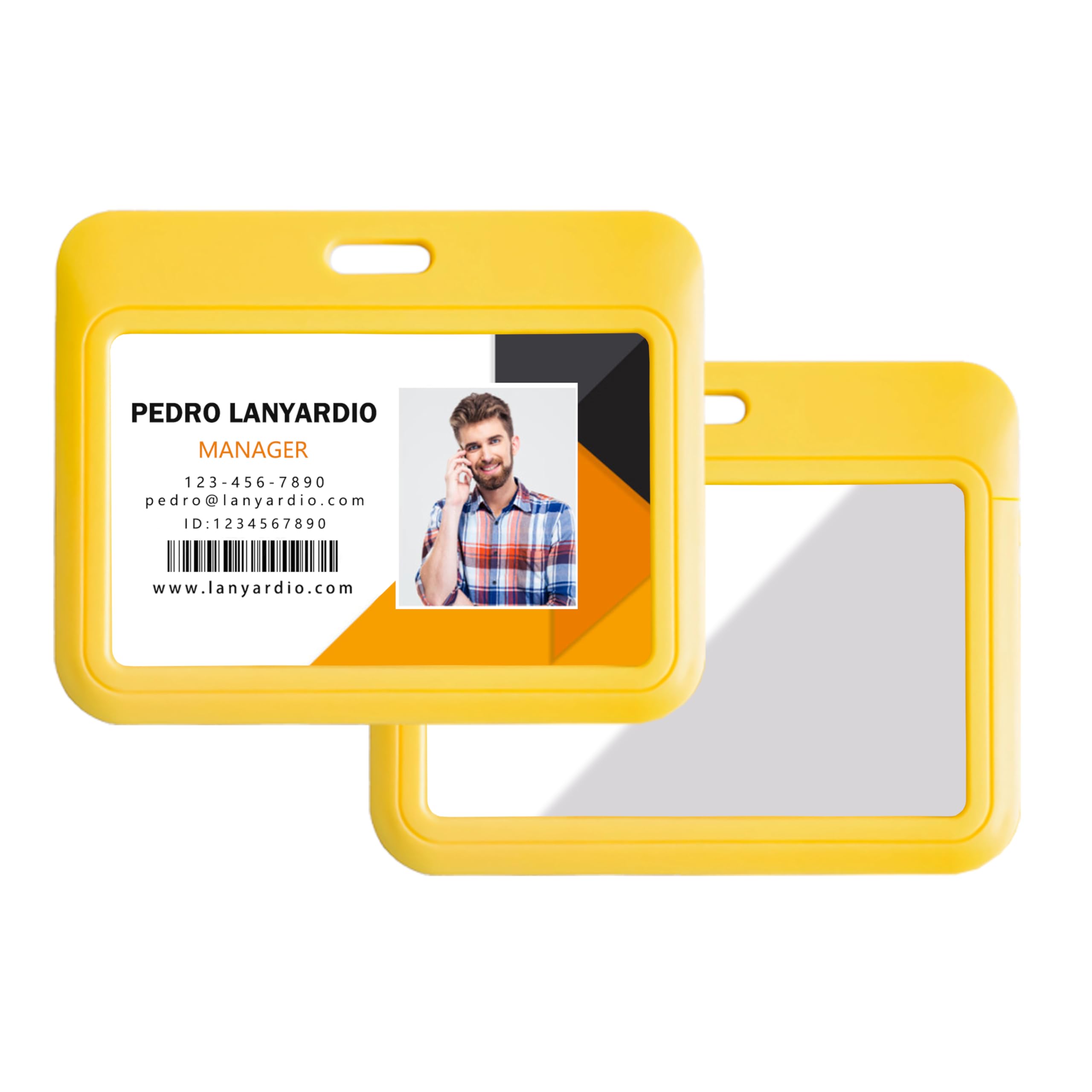 Lanyardio 2 Pack Sliding Horizontal ID Badge Holder Hard Yellow Plastic Card Case Protector Pouch with Sided Clear Window for Office School ID Credit