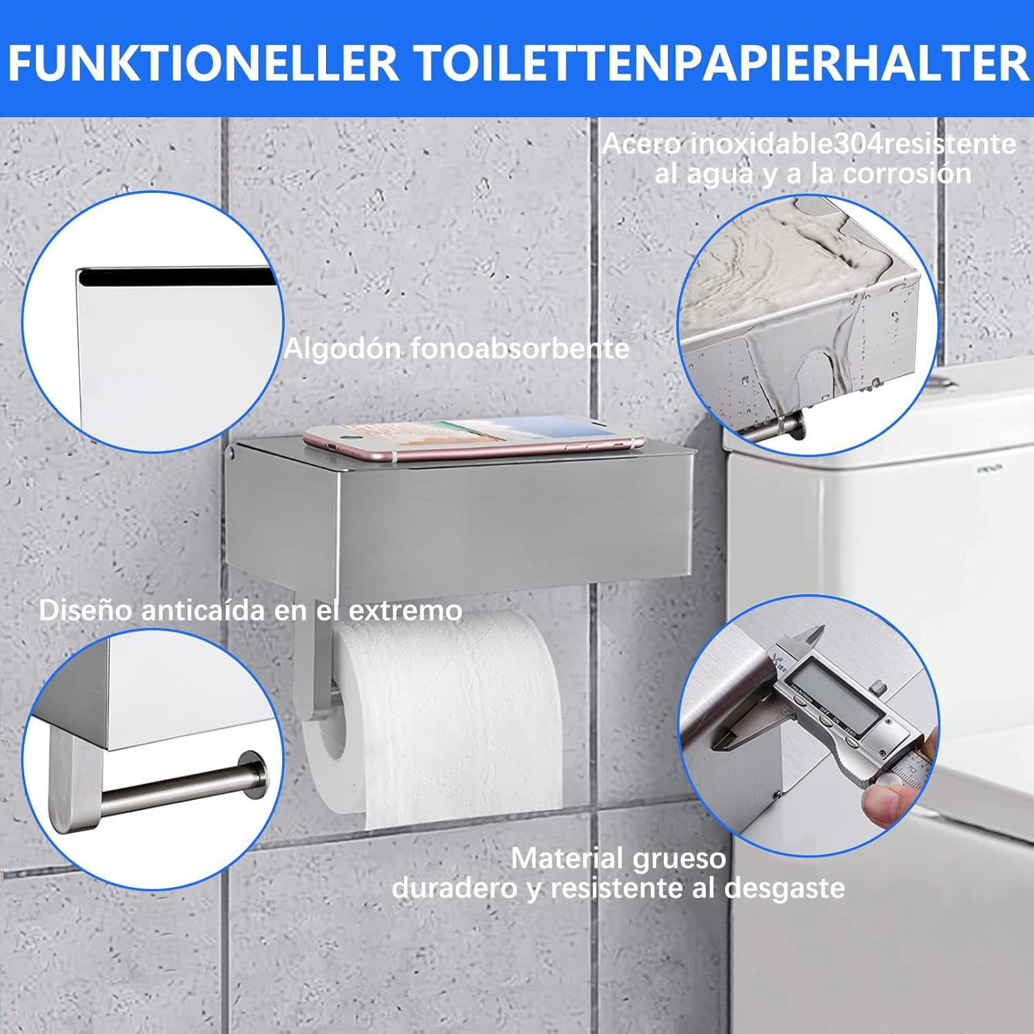 GUIGUZI Portarrollos para Papel Higiénico - Portarrollos Baño Acero Inoxidable - Portarollos Papel Higienico con Estante - Porta Rollo Papel de baño Taladro o Autoadhesivo Instalar (Plata)