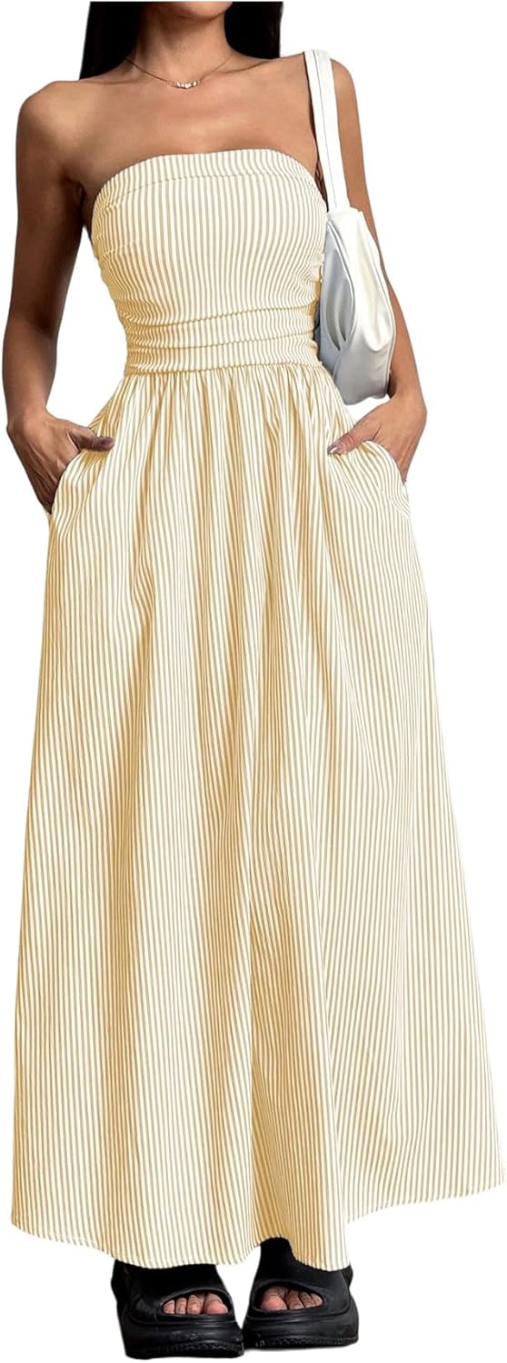 Milumia Women's Striped Strapless Maxi Dress Summer Casual Tube Top Long Dresses with Pocket