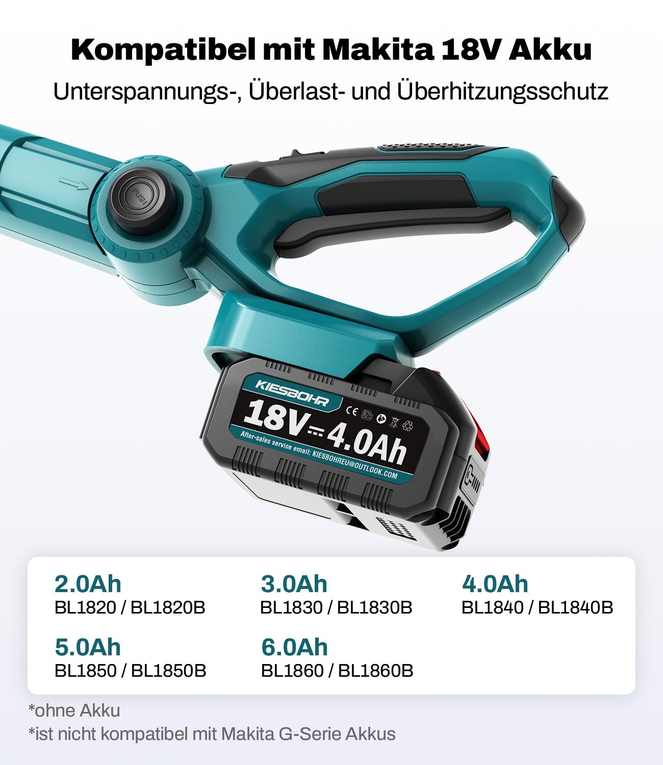 Cortasetos telescópico con batería CSL402 compatible con baterías Makita de 18 V, ancho de corte de 45 cm, distancia entre dientes de 16 mm, alcance de 2,95 m, cabezal de corte ajustable en 5