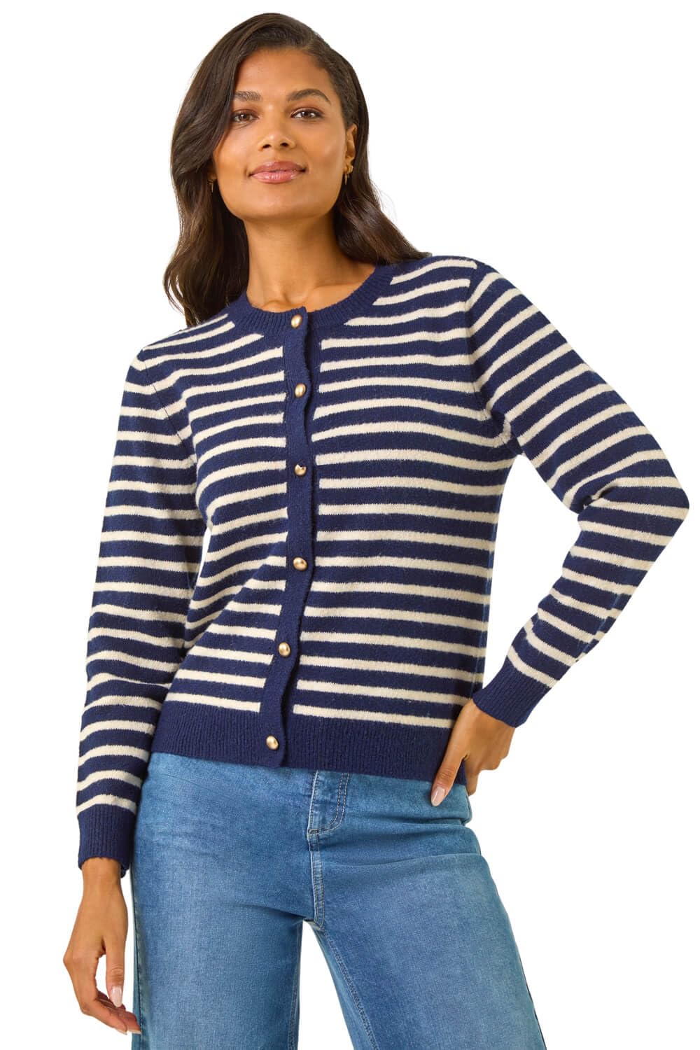 Roman Women's Navy Soft Stripe Button Knit Cardigan In | Size: 14