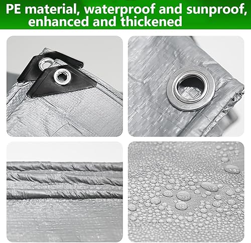 Miniatura 3 de Lonas de 8 x 20 pies resistentes al agua, lona de polietileno plateado de 0.394 in, resistente a los rayos UV, lona a prueba de rasgaduras y