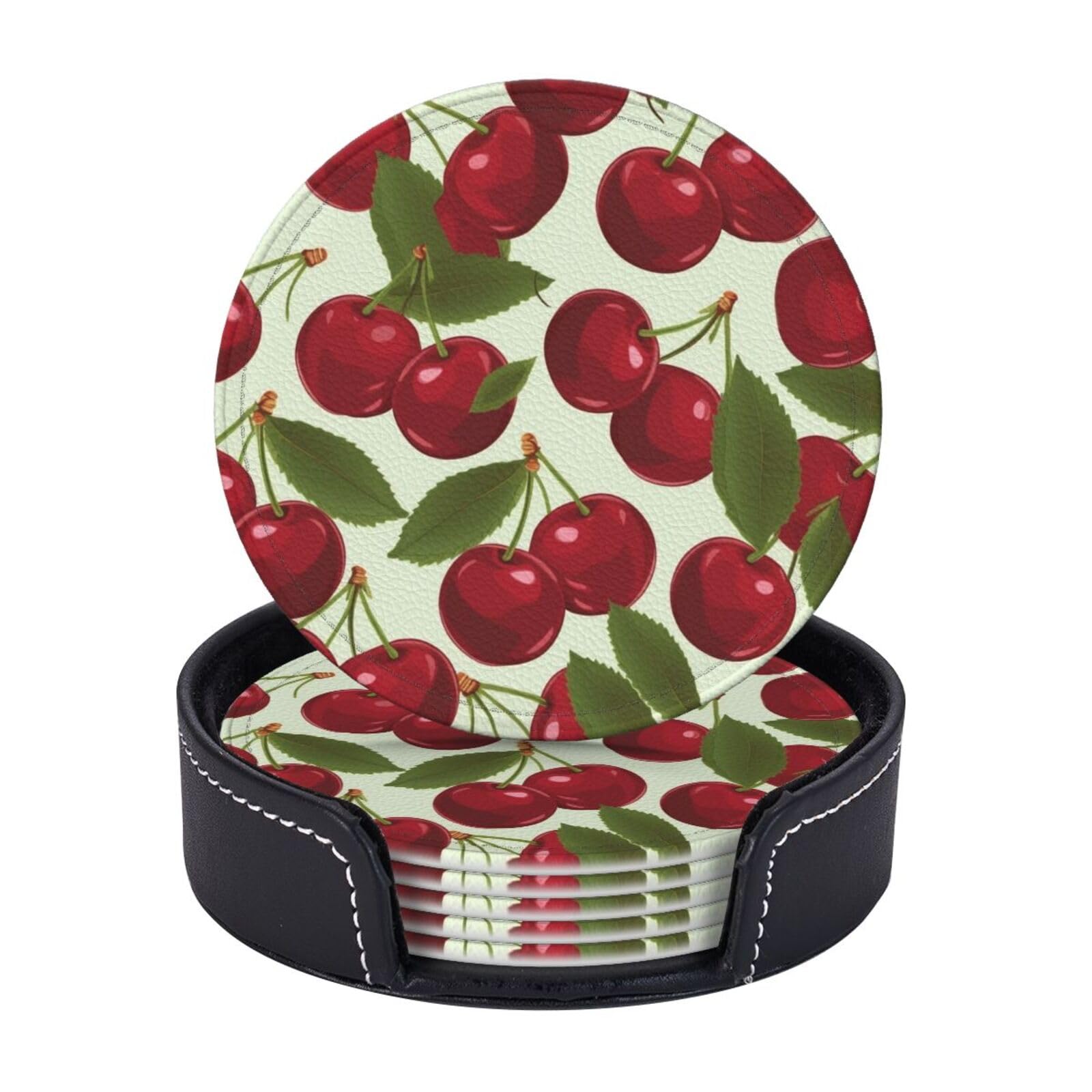 Round Coasters for Drinks Set of 6 - PU Leather Coasters with Holder - Modern Drink Coasters for Coffee Table - Cherry Fruit Coaster for Tabletop Protection 4" Cup Mat Pad