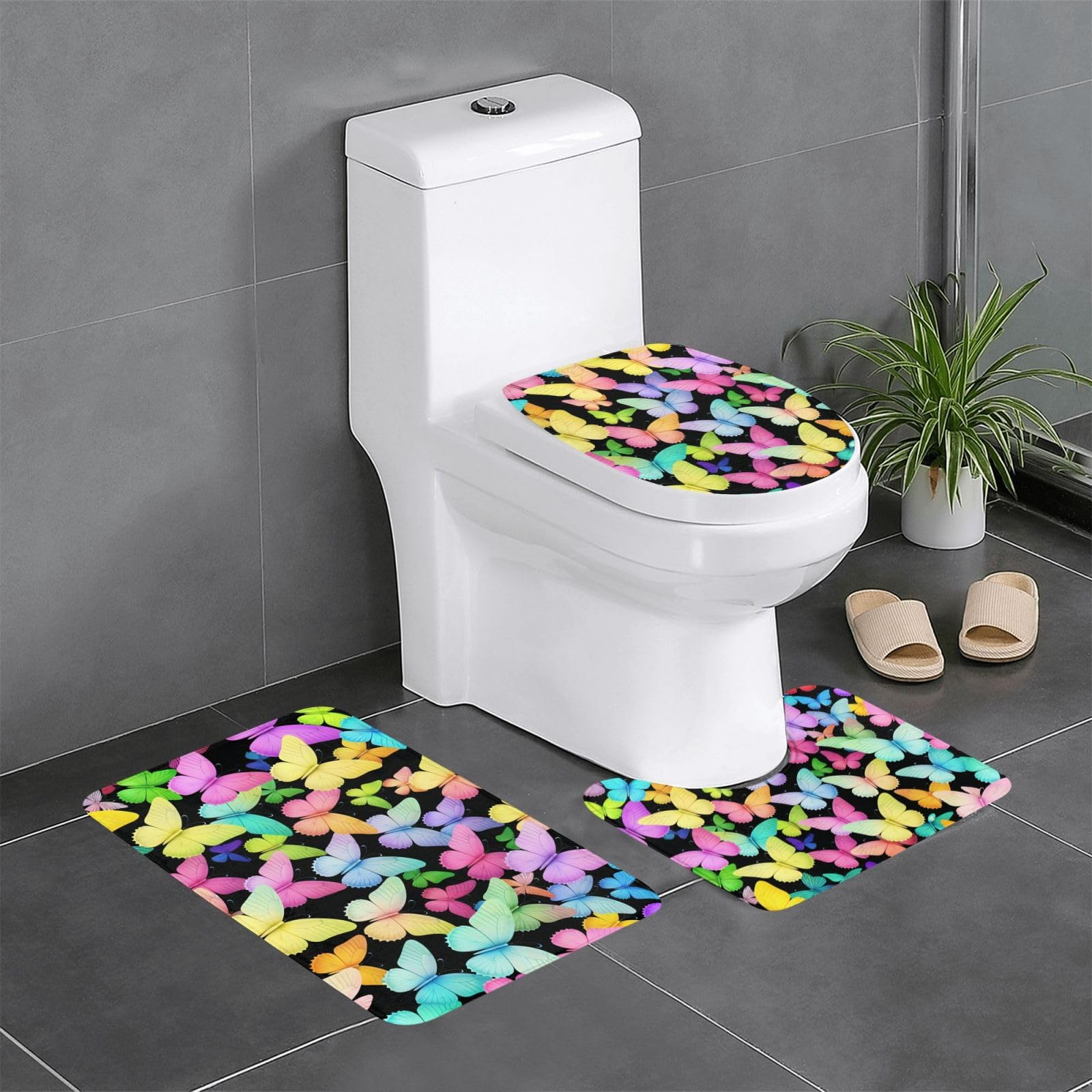 Tapis de salle de bain ultra absorbant et set de toilette 3 pièces papillon