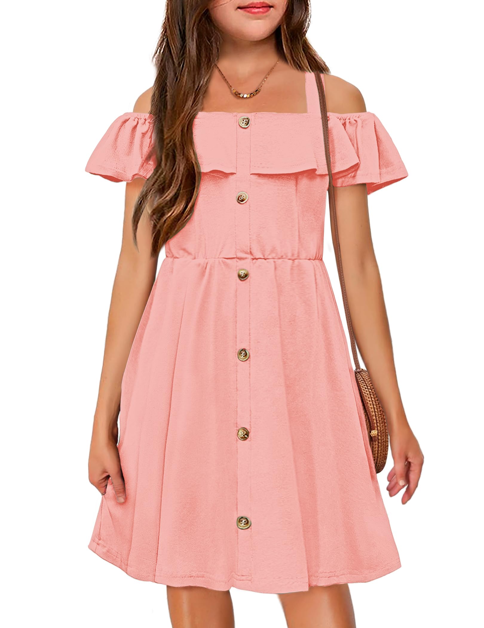 Arshiner Girls Dresses Summer Spaghetti Strap Cold Shoulder Ruffle Button Down A Line Dresses