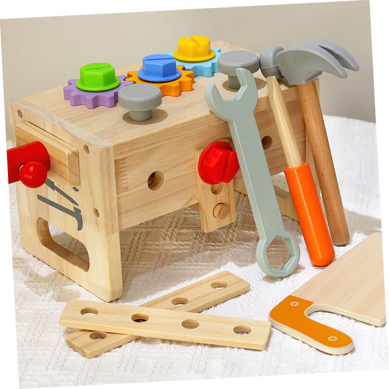VICASKY Set di Strumenti in Legno per Bambini Superficie Liscia, Valigetta Portatile Martello e Cacciavite, Gioco Educativo per Apprendimento Interattivo e Gioco di Finzione