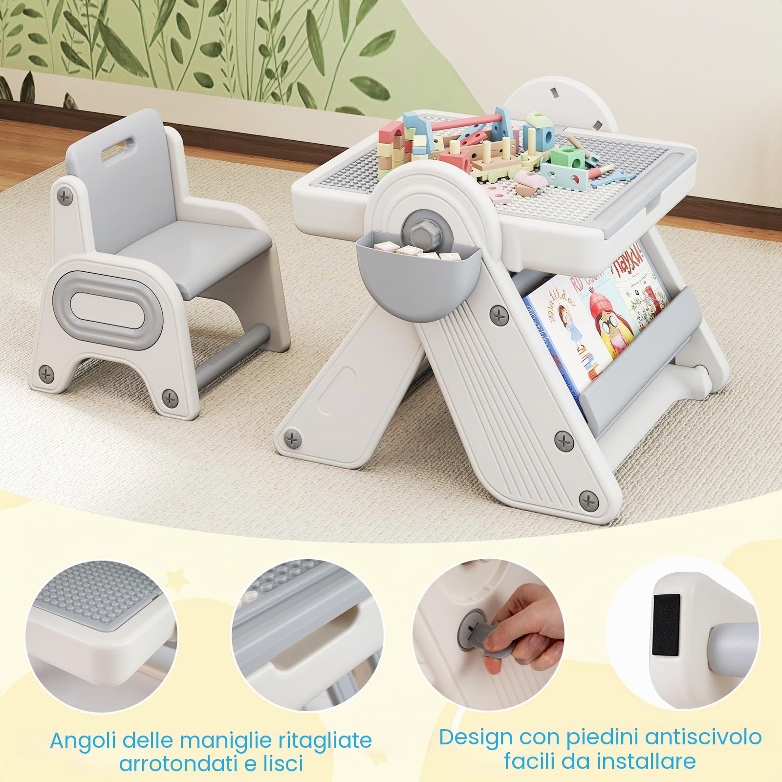 LIFEZEAL Tavolino e Sedia per Bambini 18+Mesi, in Plastica, Tavolo con Lavagna, Libreria, Tavola per Costruzioni, Vassoio di Acqua, Sabbia, Altezza Regolabile, Piano Inclinabile, Pieghevole (grigio)