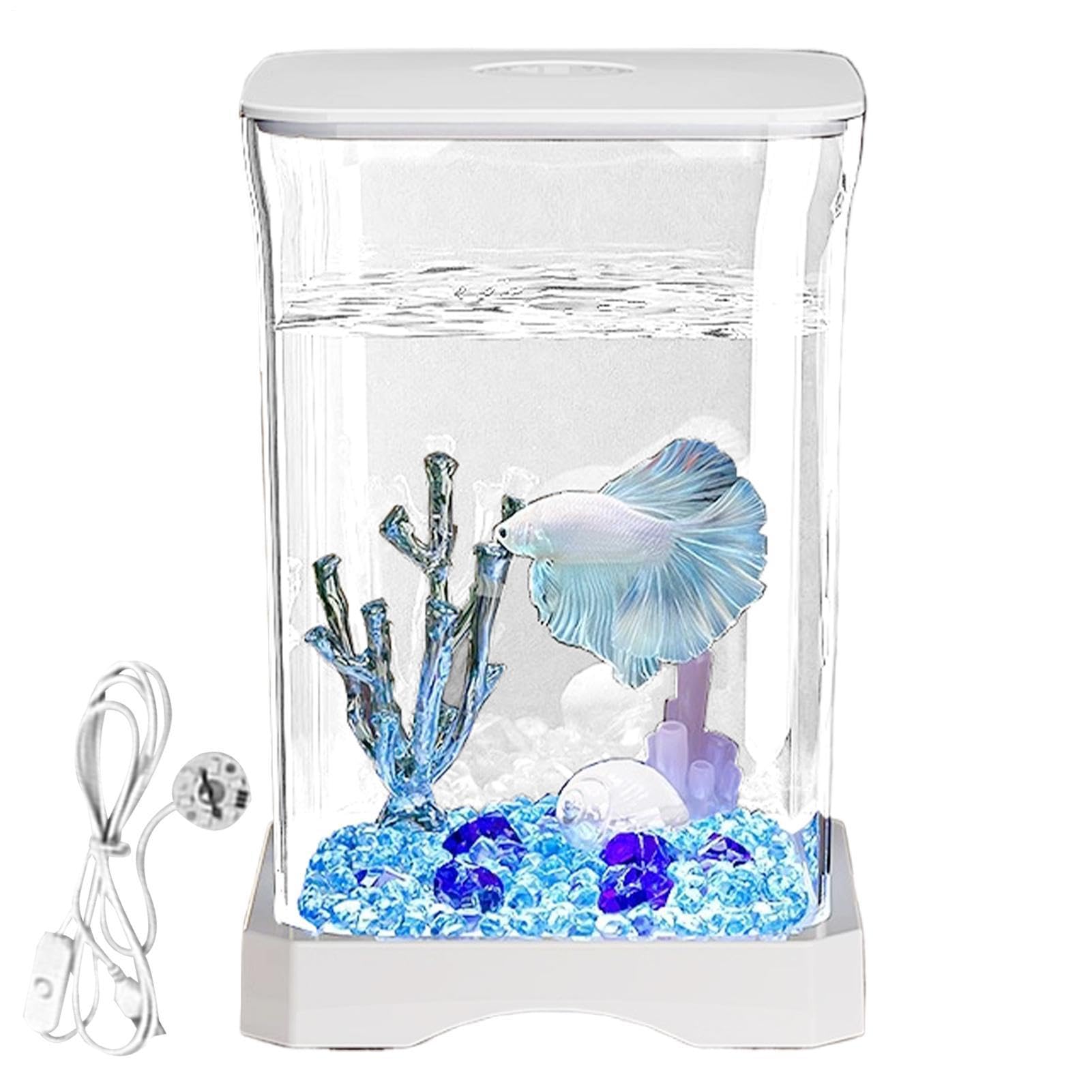 Acuario de Peces Betta, pecera Betta: pequeñas peceras acrílicas con iluminación LED, Cuenco Transparente para Paisaje acuático, Decoraciones de Escritorio para camarones, cangrejos, arañas