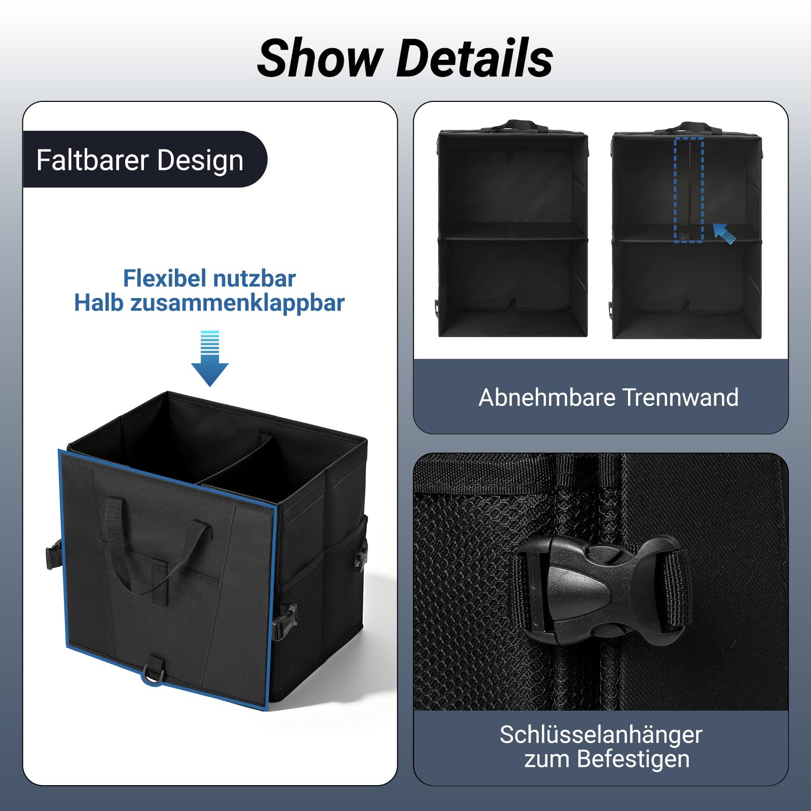 Kofferraum Organizer mit Deckel, Kofferraumtasche Faltbar & Rutschfest, Auto Aufbewahrungsbox Stabiler Auto Organizer für SUV, Kombi & PKW, Oxford Gewebe Autozubehör, Schwarz