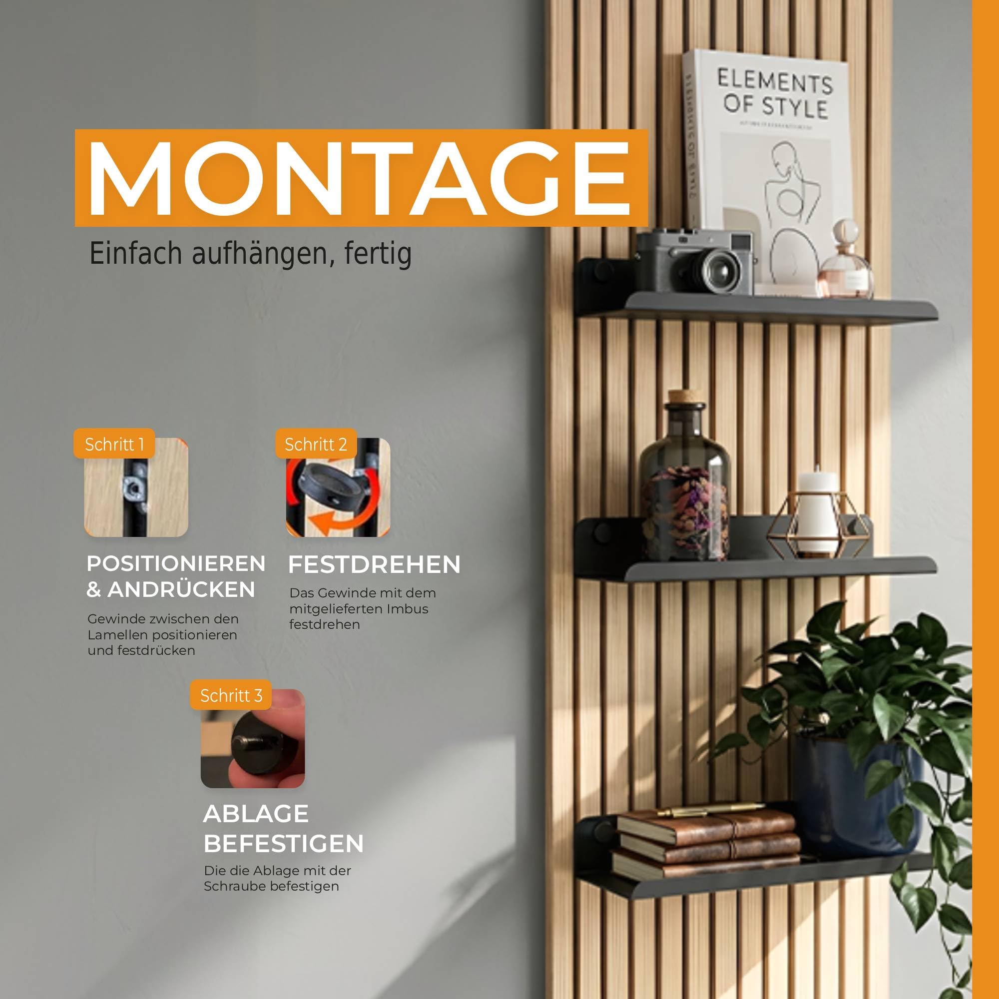 HOME LOVE Ablage für Akustikpaneele 52x9 cm – ohne Bohren | Regal für Paneele | Akustikpaneele Zubehör | Wandpaneele Regal schwarz Metall