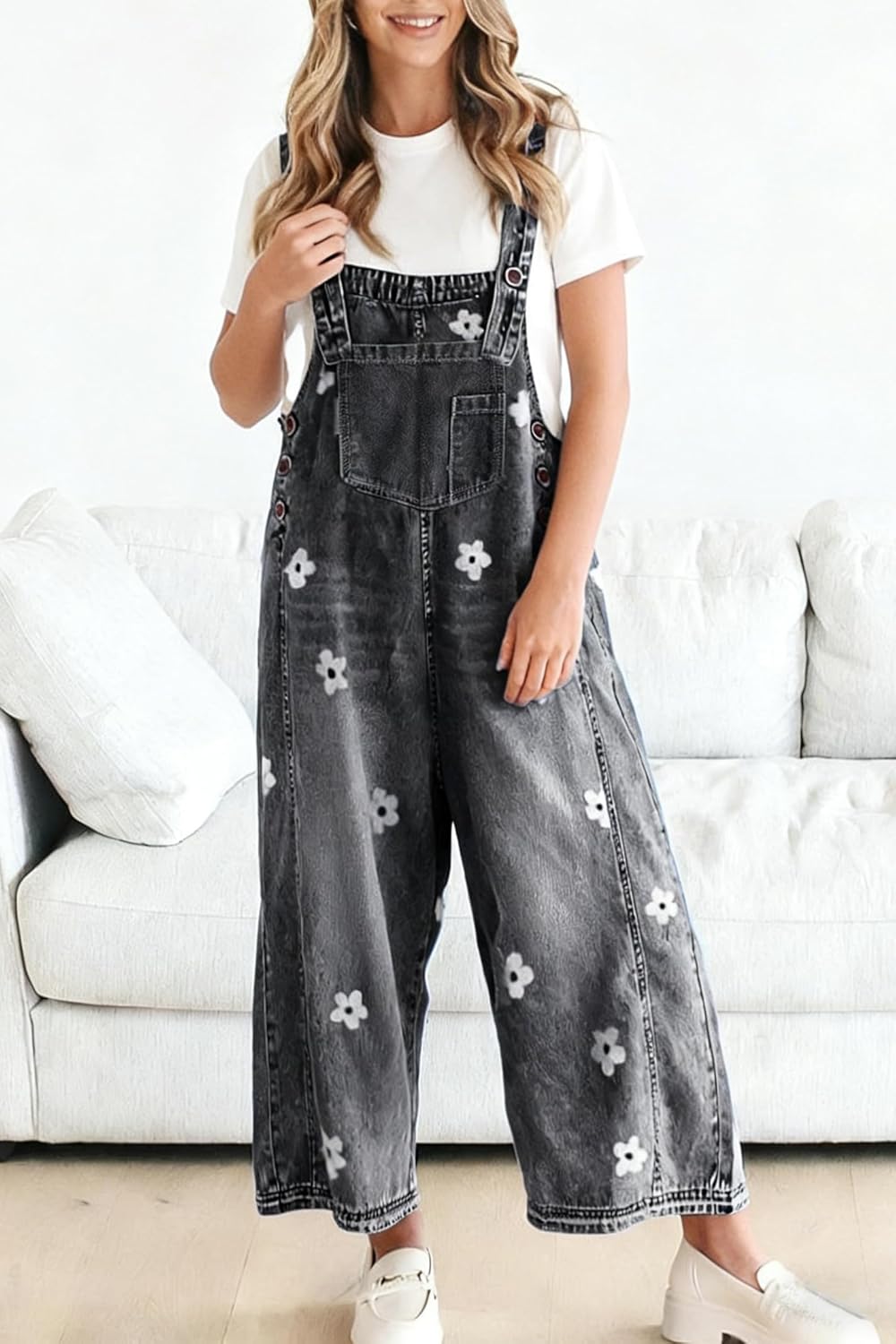 utcoco Women Floral Printed Adjustable Strap Denim Bib Overall Wide Leg Jeans Casual Baggy Overalls Jumpsuit - Image 2