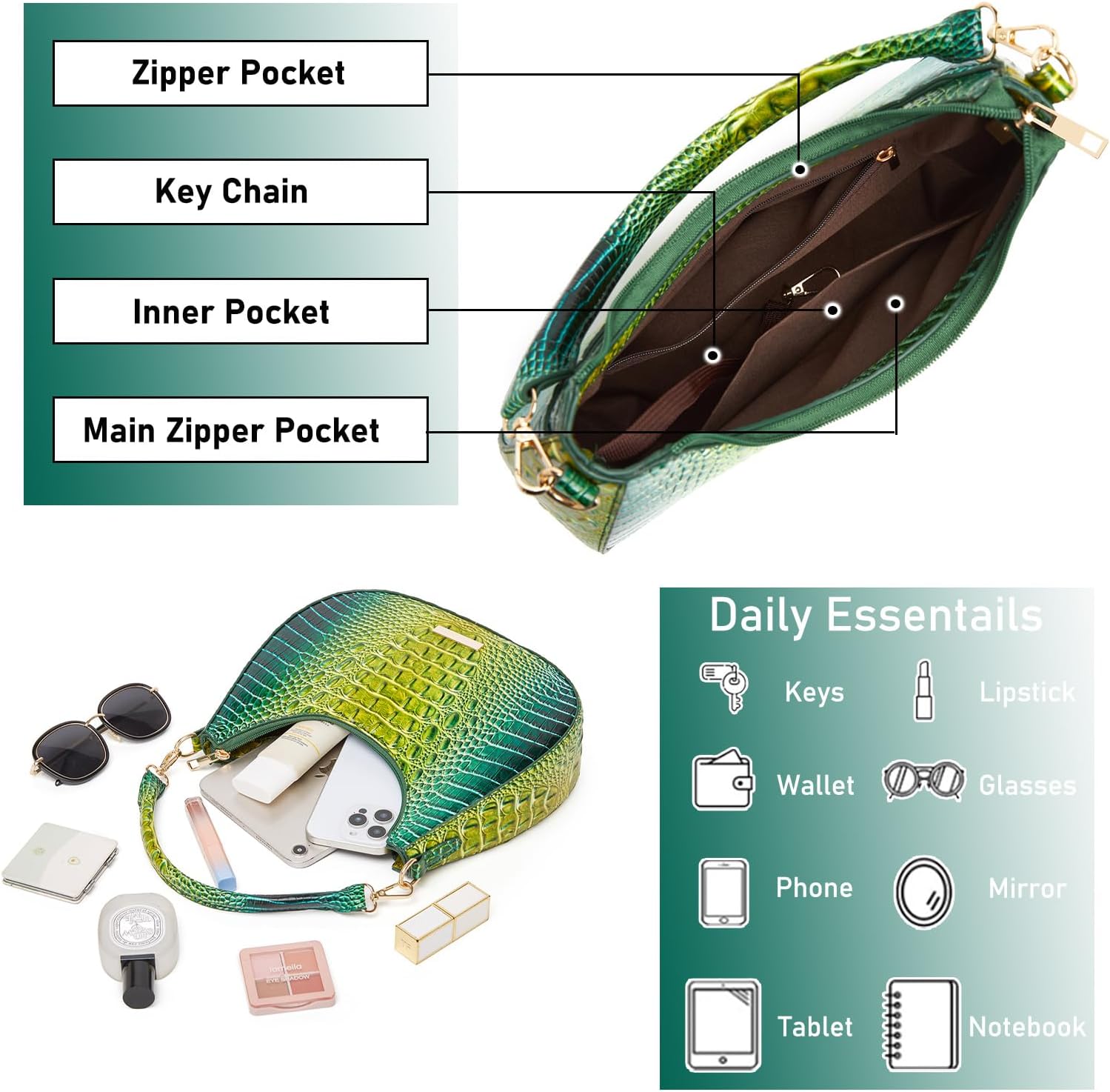 Crocodile Hobo Bag for Women,Vintage Crescent Shoulder Purse in Vegan Leather, Soft Chic Clutch Handbag for Daily Outfits