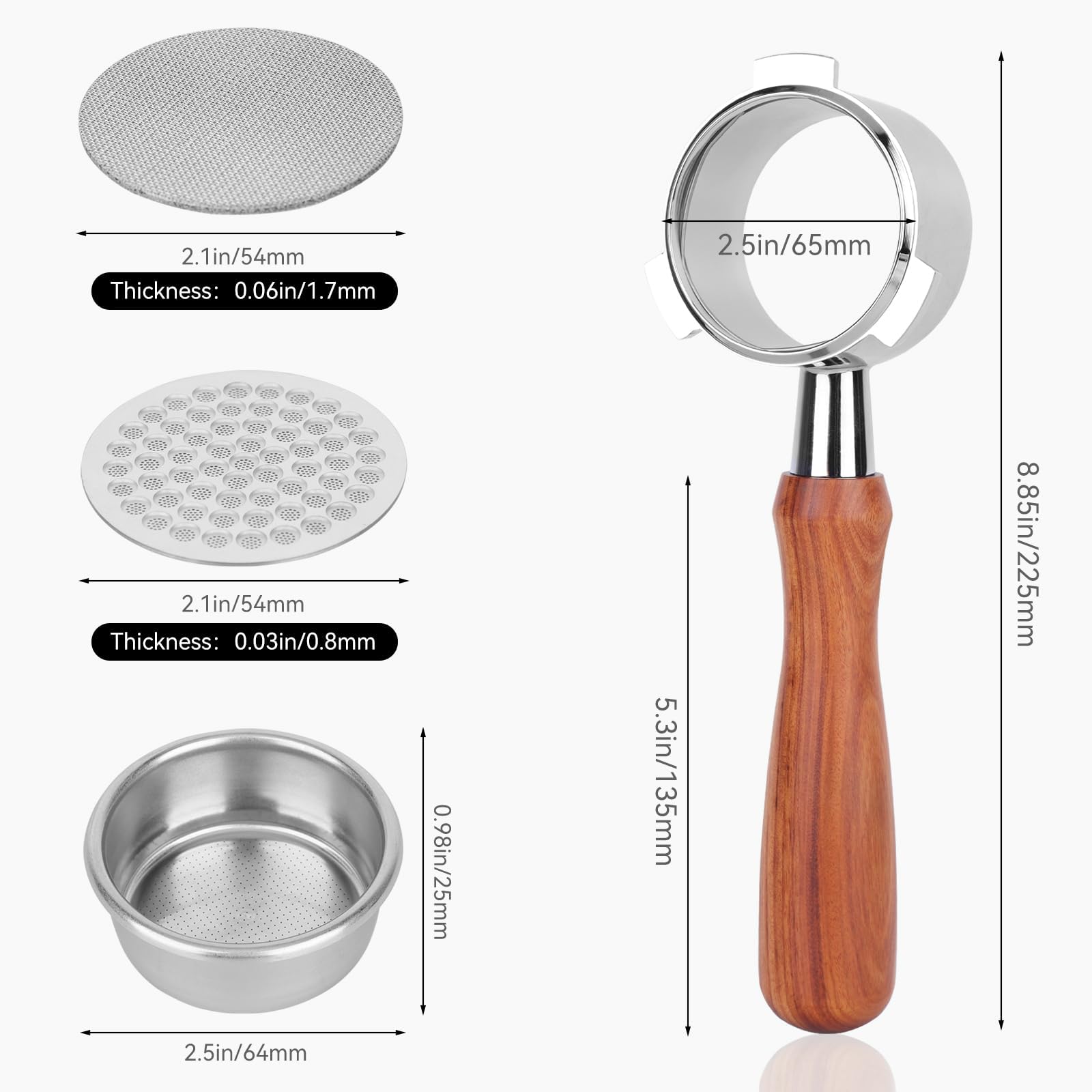 Portafiltro per caffè senza fondo da 54 mm con schermo a 2 dischi compatibile con Sage Breville Barista Series, Barista Express e altri modelli da 54 mm, portafiltro da 54 mm con manico in legno