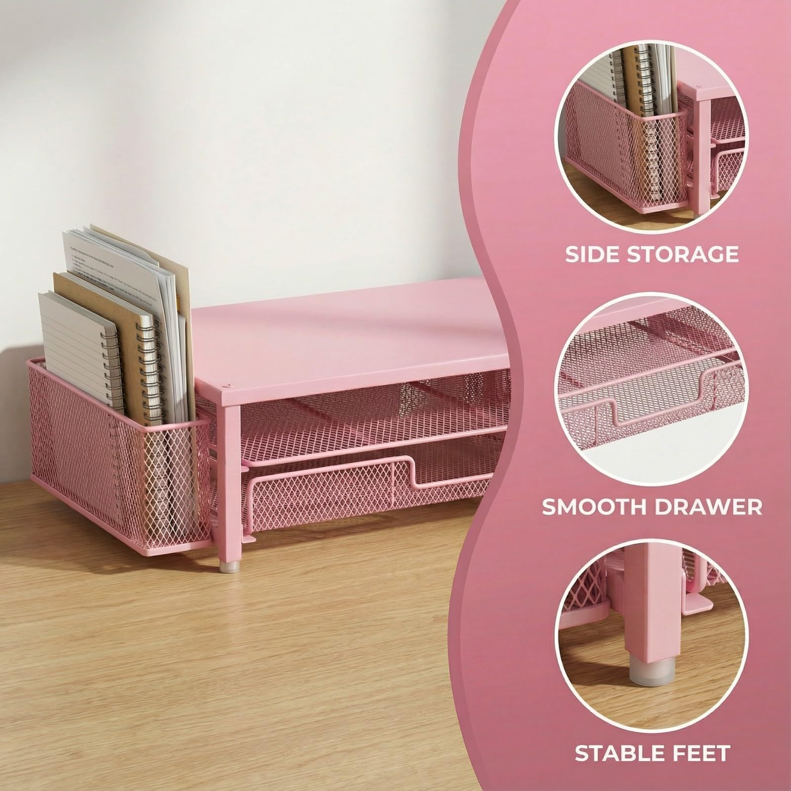 Supporto per monitor con cassetto e portapenne per scrivania, supporto metallico a 2 livelli per laptop da scrivania, organizer da ufficio per PC, stampante e laptop.