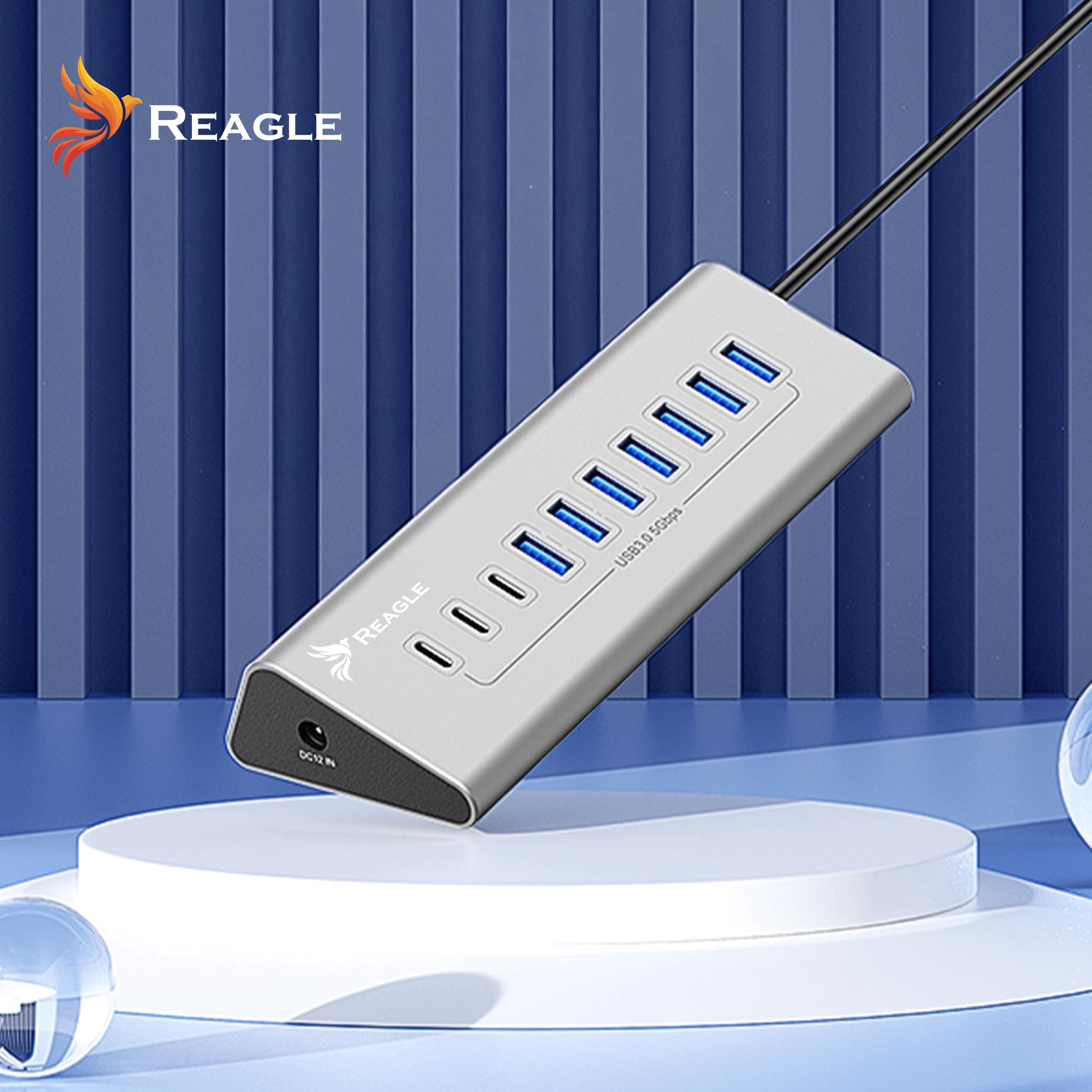 REAGLE Concentrador de 10 puertos, USB 3.2 con cable de 100 cm para escritorio, 10 en 1, 7 puertos USB-A y 3 x USB-C, 36 W, Plug and Play, aluminio USB distribuidor 5 Gbps, para PC, portátil, MacBook