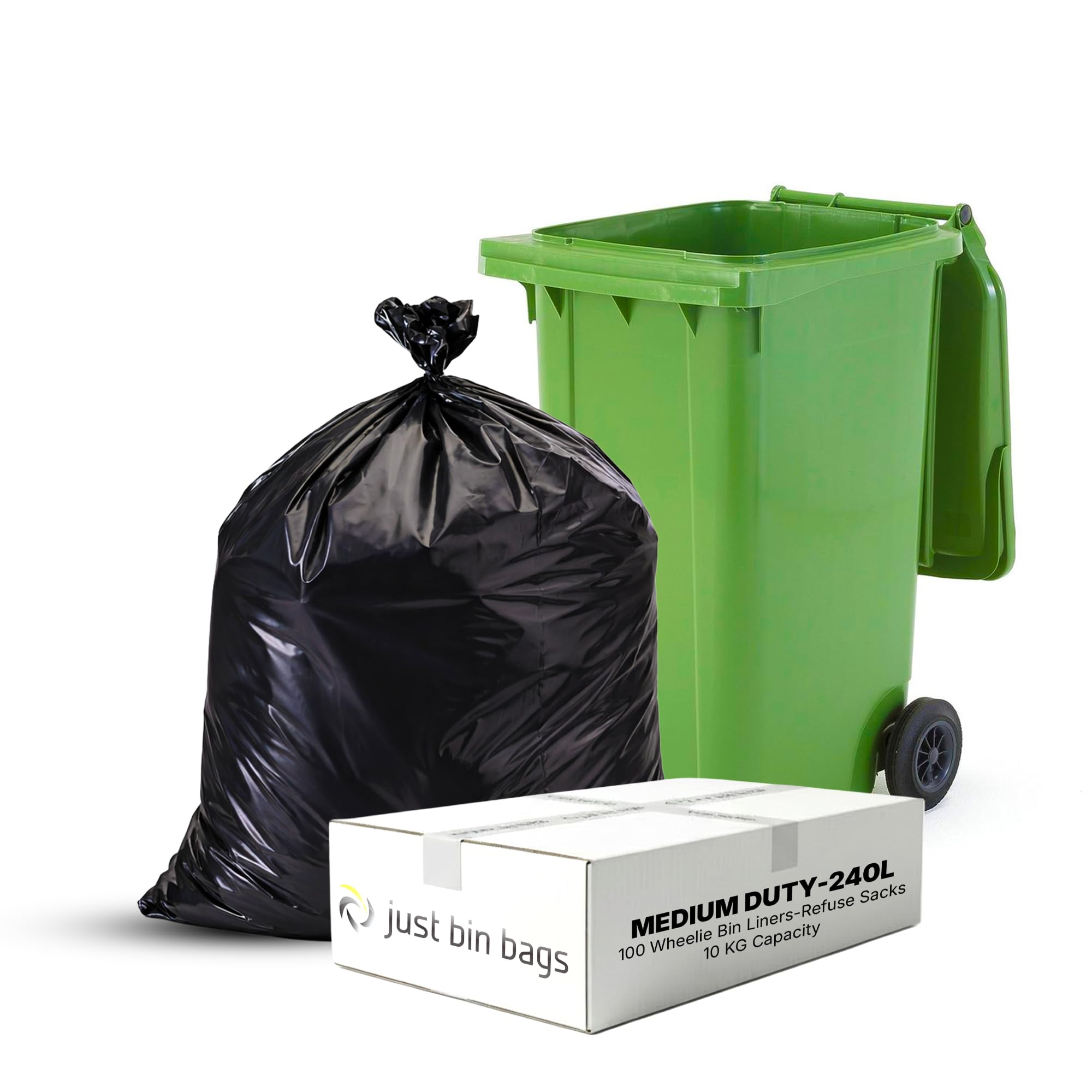 Just Bin Bags 100 x 240L Medium Duty Wheelie Bin Liners | 10kg Capacity – 100 Gauge, 25 Micron | 30 x 46 x 54 in Refuse Sacks (Black)
