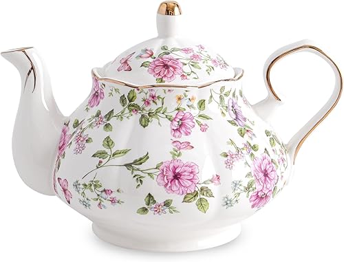 Tetera de porcelana, tetera de porcelana para fiestas de té, infusoras de té para florecer té de hojas sueltas (blanco y flores grandes)