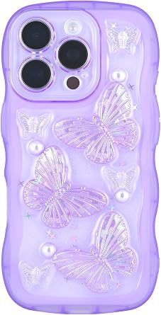 Compatible with iPhone 16 Pro,3D Butterfly Design Cute Kawaii Bling Frame Shape Soft Silicone Shockproof Protective Phone Cover for Women Girls Purple