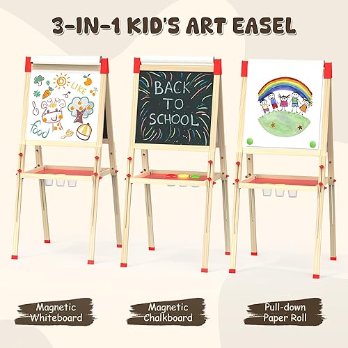 Miniatura 2 de Caballete de arte para niños, 115 accesorios para niños, caballete de madera, pizarra magnética ajustable de doble cara de borrado en seco y rollo