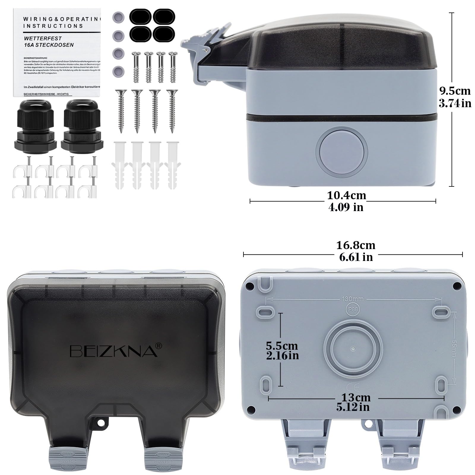 Enchufe Exterior Impermeable, Toma de Corriente IP66, Estanco con Interruptor, Conector de Cable y Tapa Abatible, para Cocina Baño Garaje Piscina y Jardín