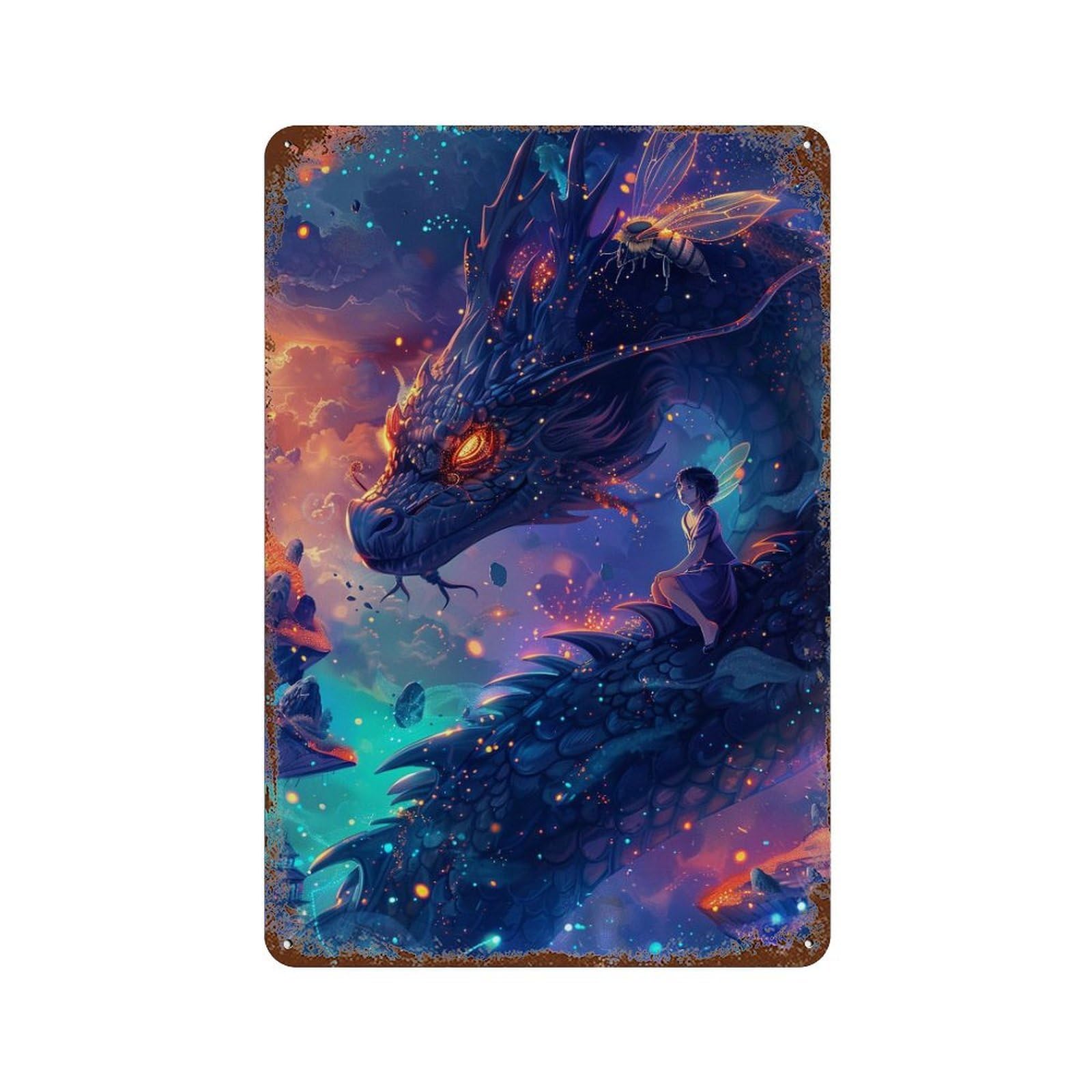 Fantasy Dragon And Fairy Adventure Weathered Tin Sign 11.8"x7.9", Classic Wall Plaque for Garage, Bar And Workshop Decor