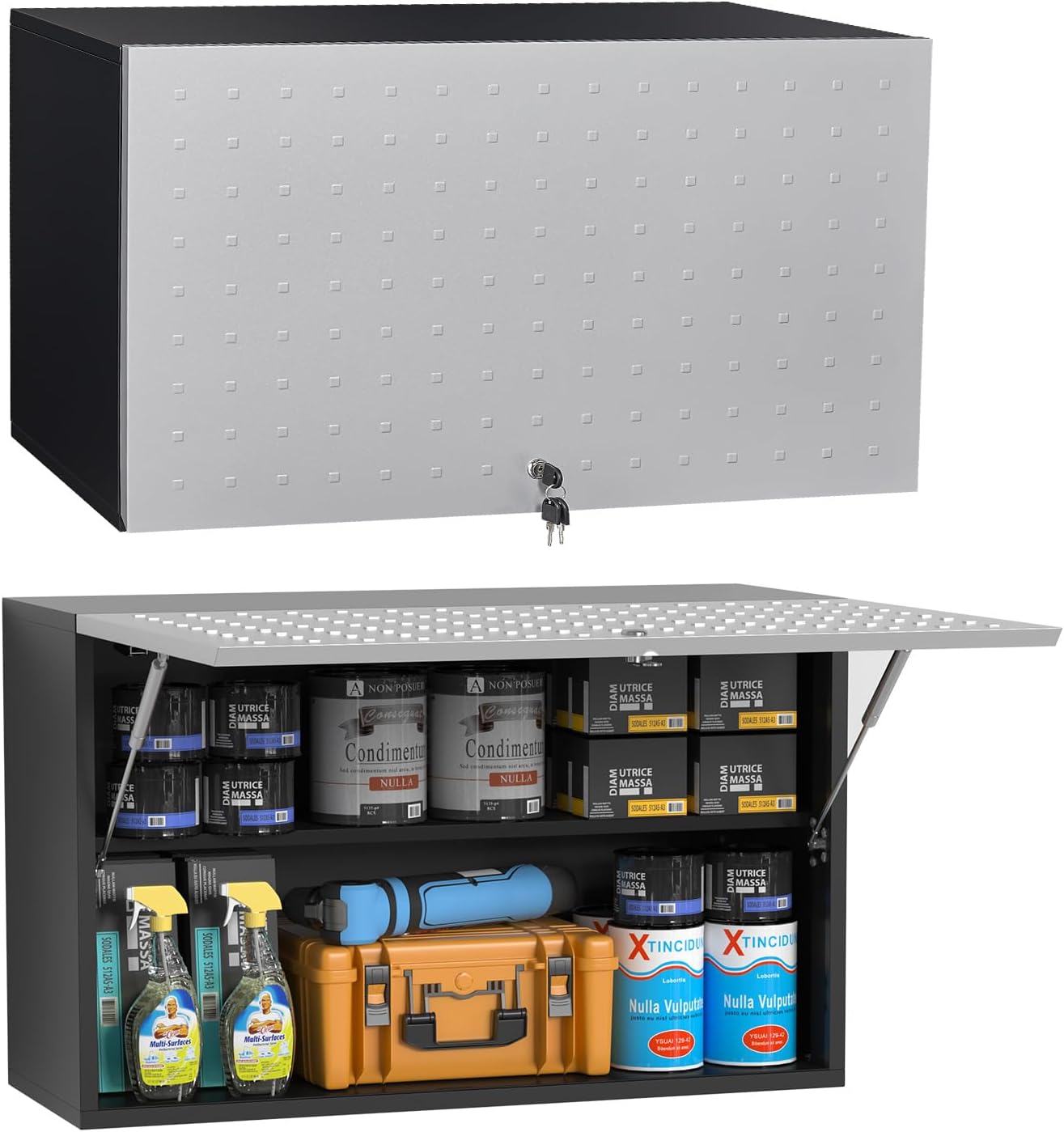 Wall Cabinet with Doors，Metal Storage Cabinet for Kitchen Storage, Small Top Cabinet, for Dining Room, Living Room, Bathroom, 16" D x 32" W x 15" H, Black, Assembly Required