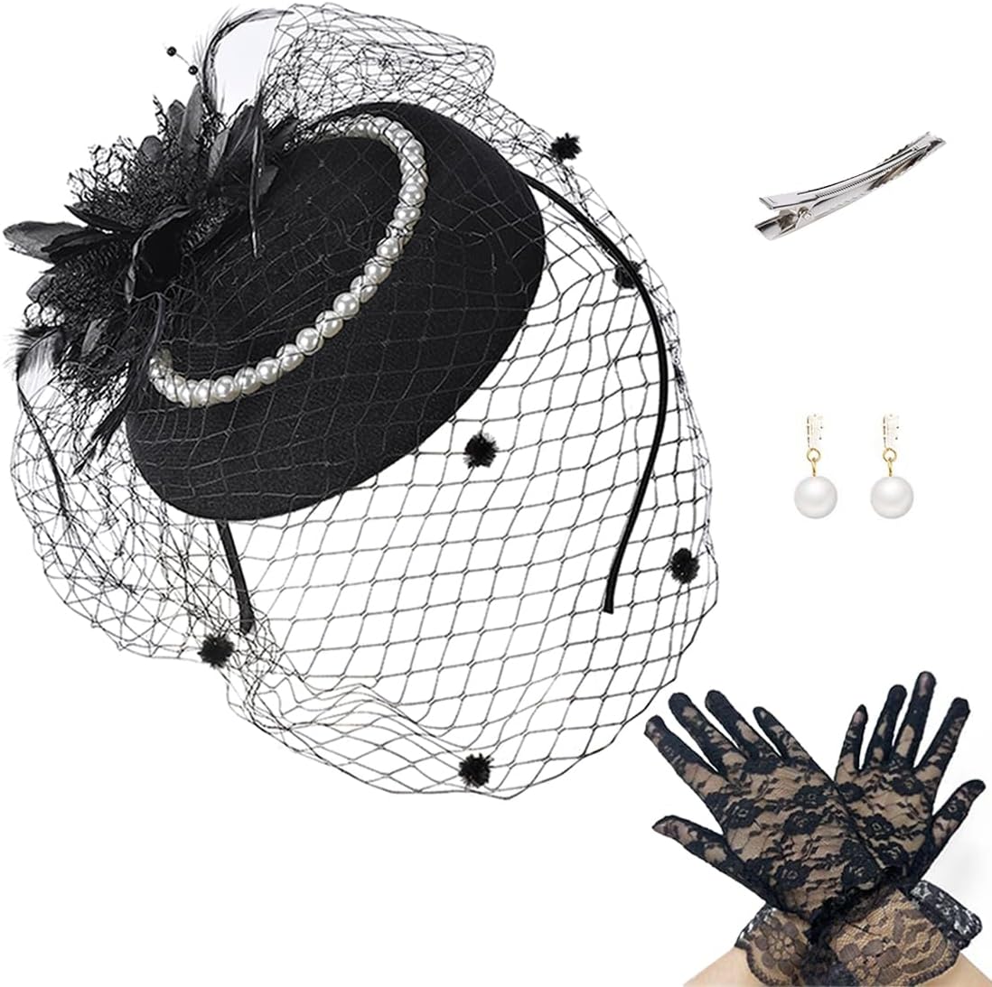 3 Pcs Fascinators Hats for Women Tea Party Pillbox Hat 20s 50s Headwear with Veil and Lace Gloves