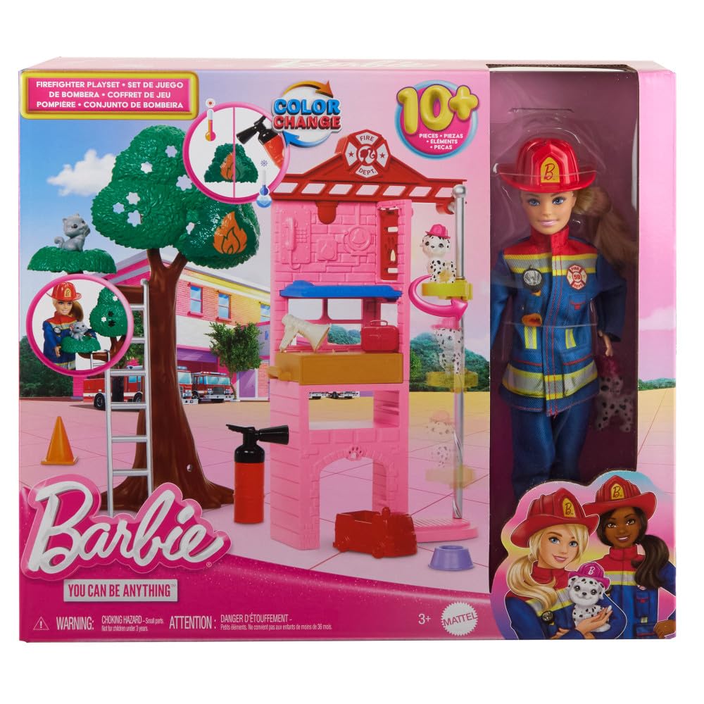 Barbie Strażaczka Zestaw do zabawy z remizą strażacką, drzewem, lalką, 2 zwierzątkami, zmianą koloru i ponad 10 akcesoriami, w tym psikawką-gaśnicą, HRG55