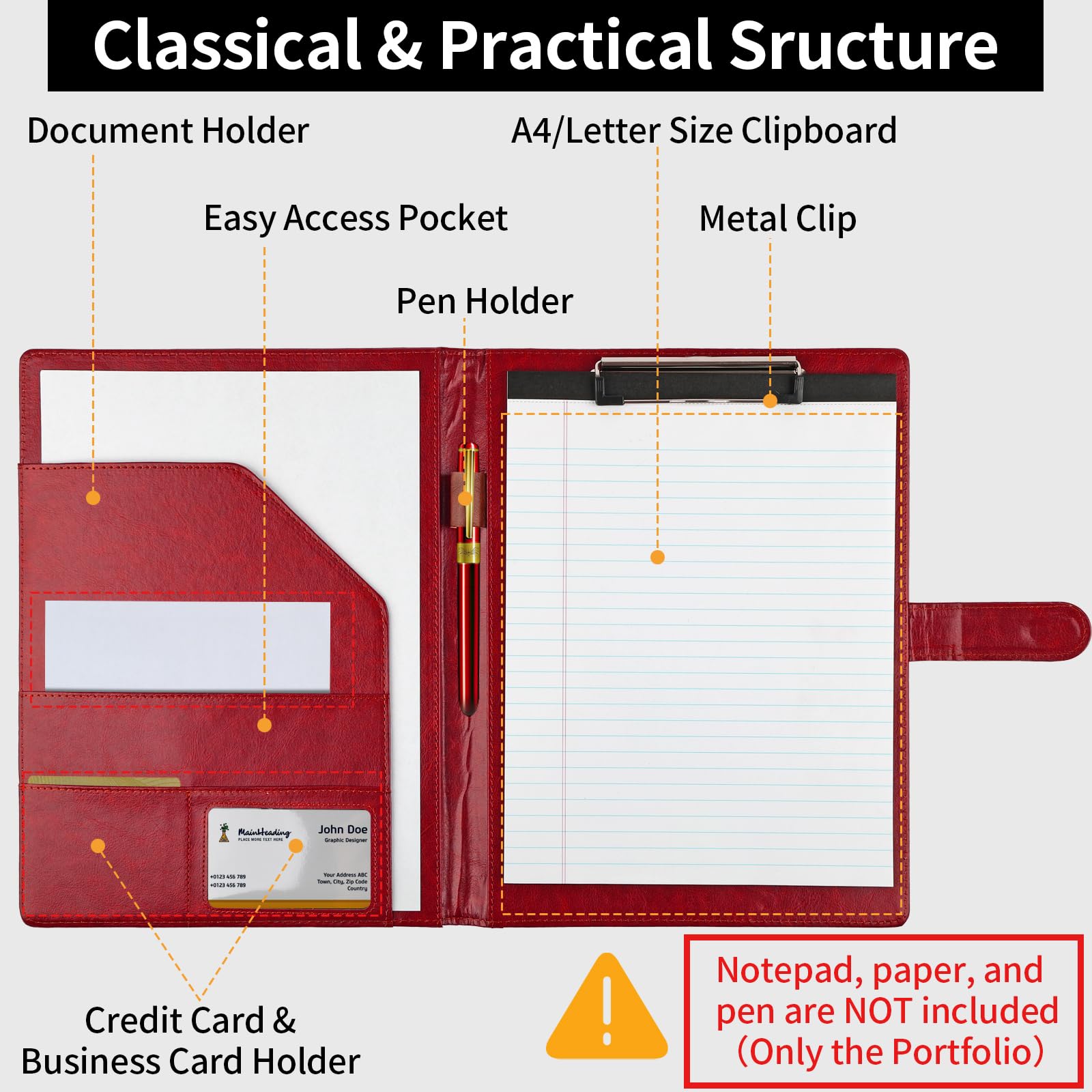 Carpeta profesional con portapapeles, carpeta de piel sintética, soporte legal para bloc de notas tamaño carta A4, currículum, escritura, organizador ideal para conferencias de oficina de negocios