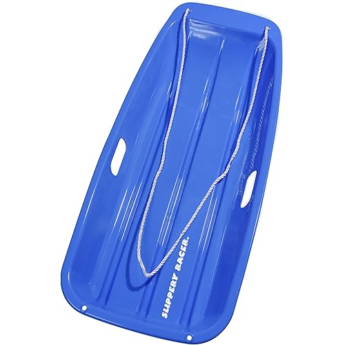 Slippery Racer Downhill Sprinter Flexible Kids Toddler Plastic Cold-Resistant Toboggan Snow Sled with Pull Rope and Handles, Blue