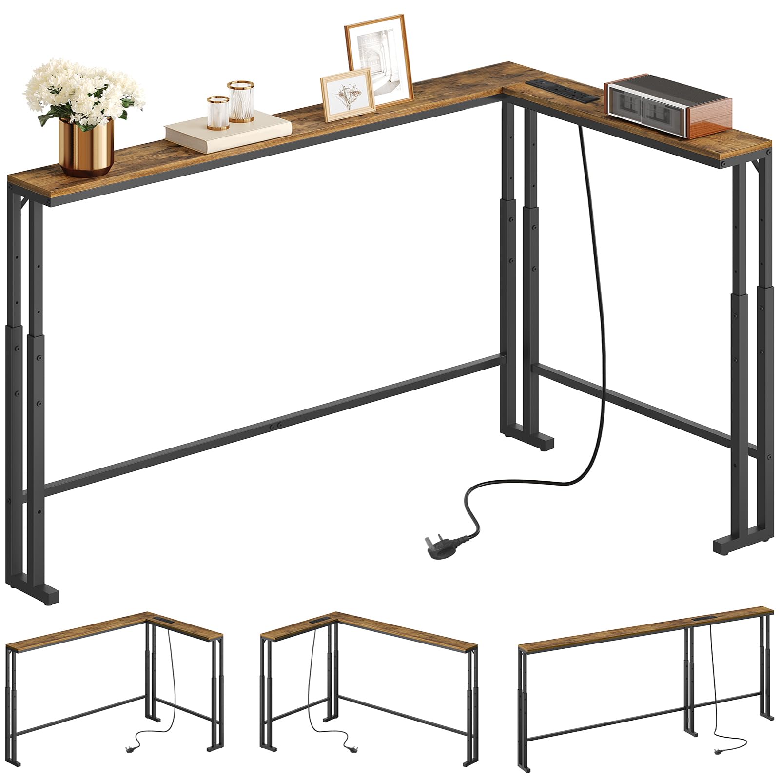 YATINEY L Shaped Console Table with Power Outlet and Adjustable Height