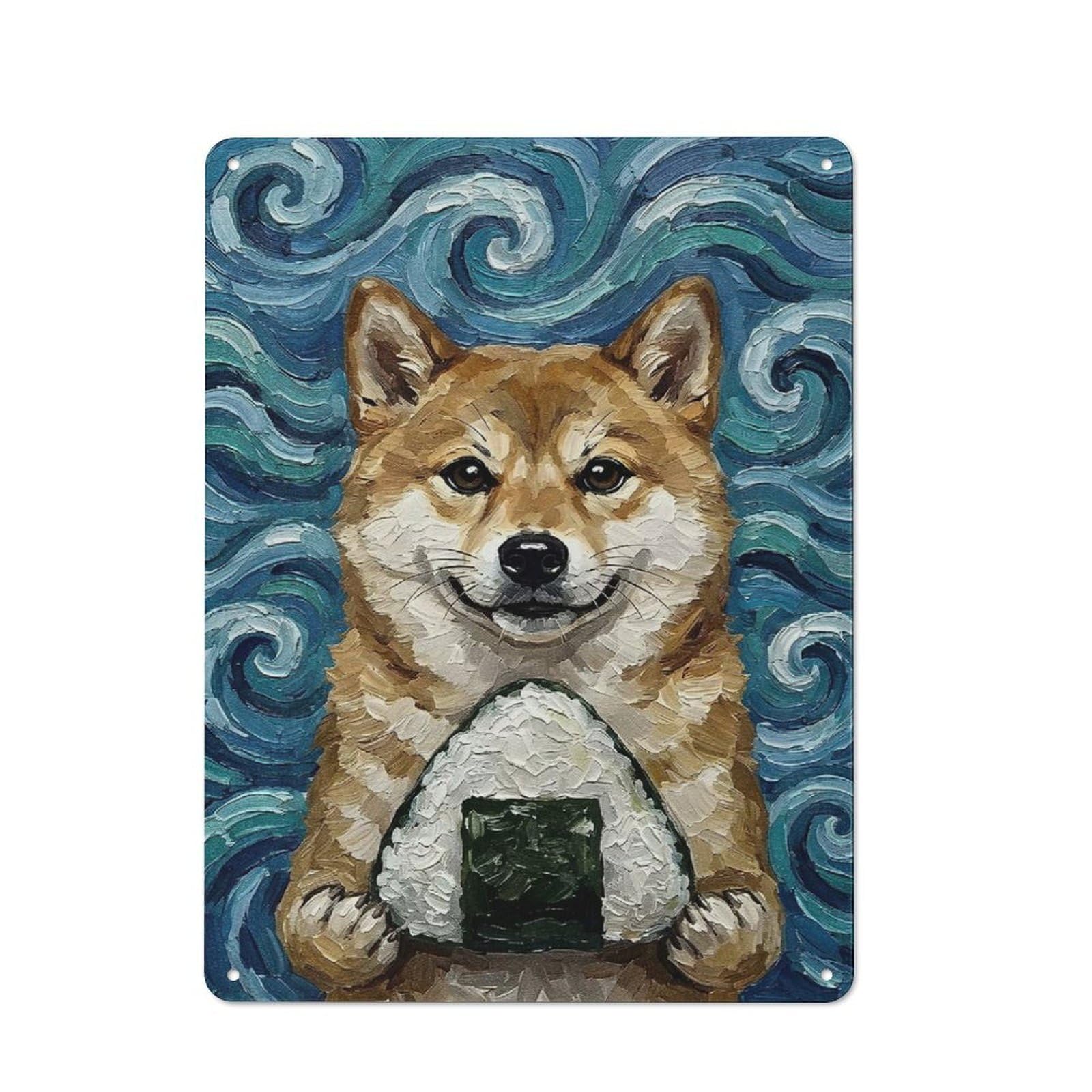 Junmoney Style-2 Workshop Style Shiba Inu With Onigiri Painting Tin Sign 40X30cm, Garage Wall Decor For Tool Room, Garage, Studio Or Home Bar